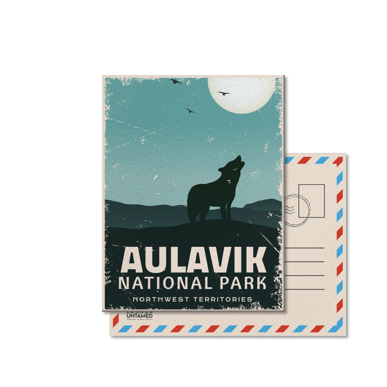 Aulavik National Park postcard with wolf silhouette, mountains and moon, Northwest Territories