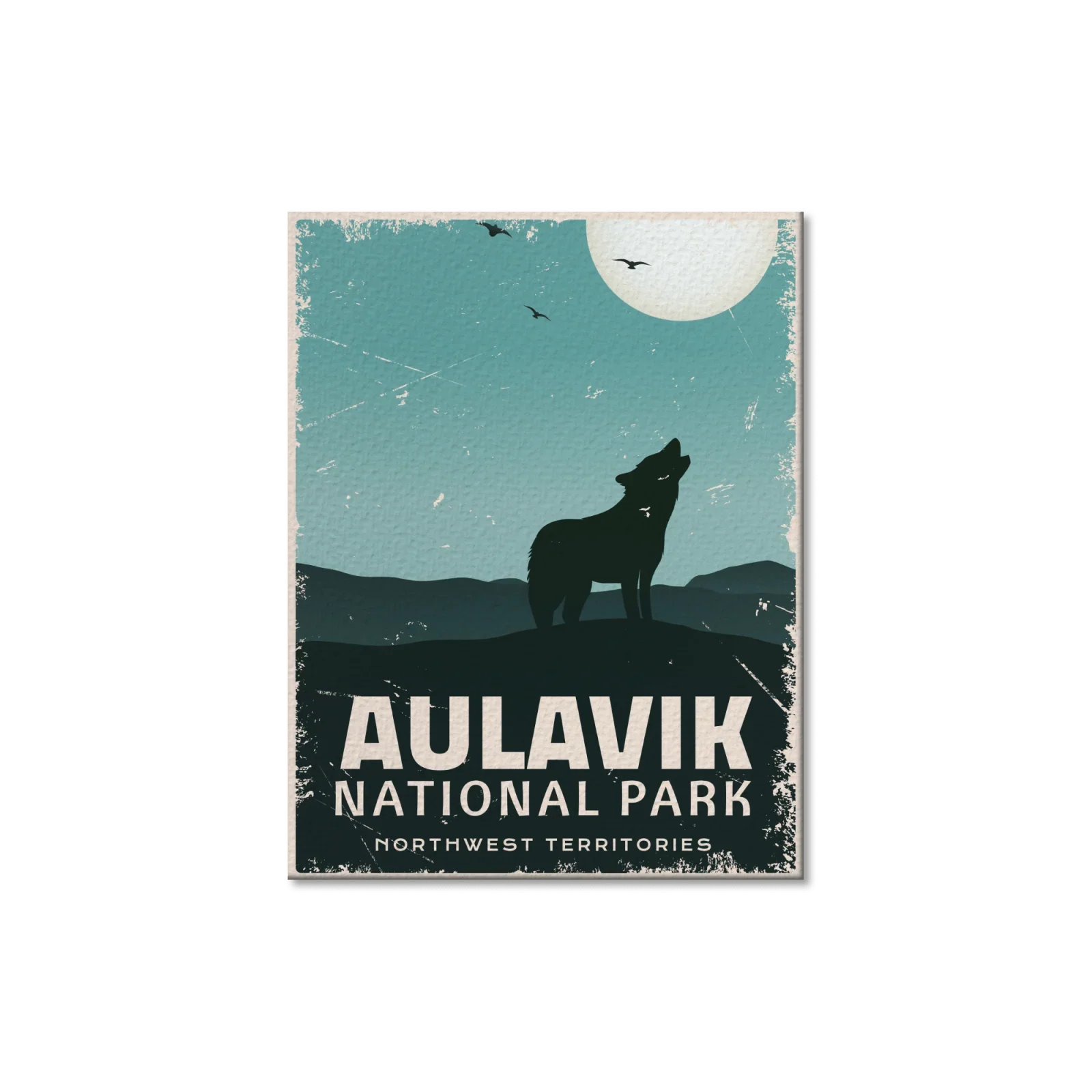 Aulavik National Park postcard with wolf silhouette, moon, and flying birds, Northwest Territories