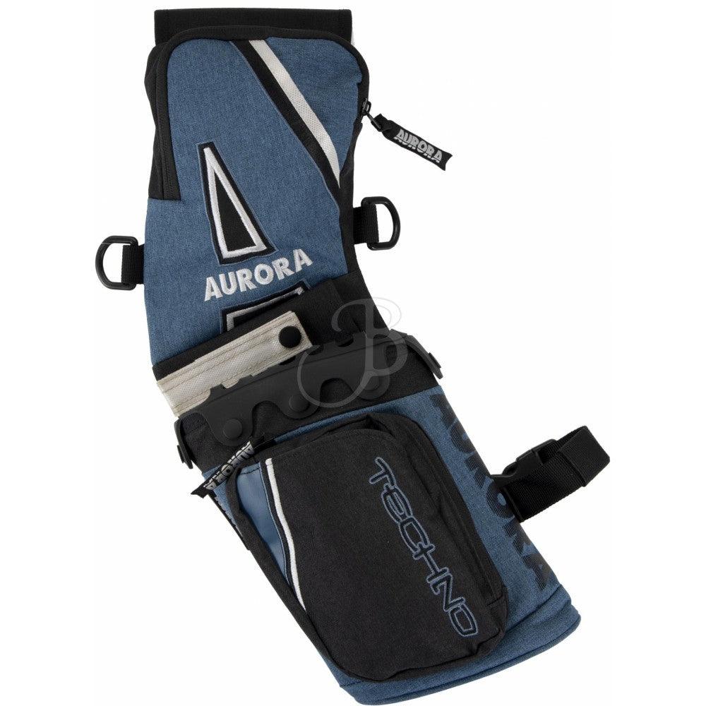 Aurora Techno Field archery quiver in blue with zippered pockets and belt strap