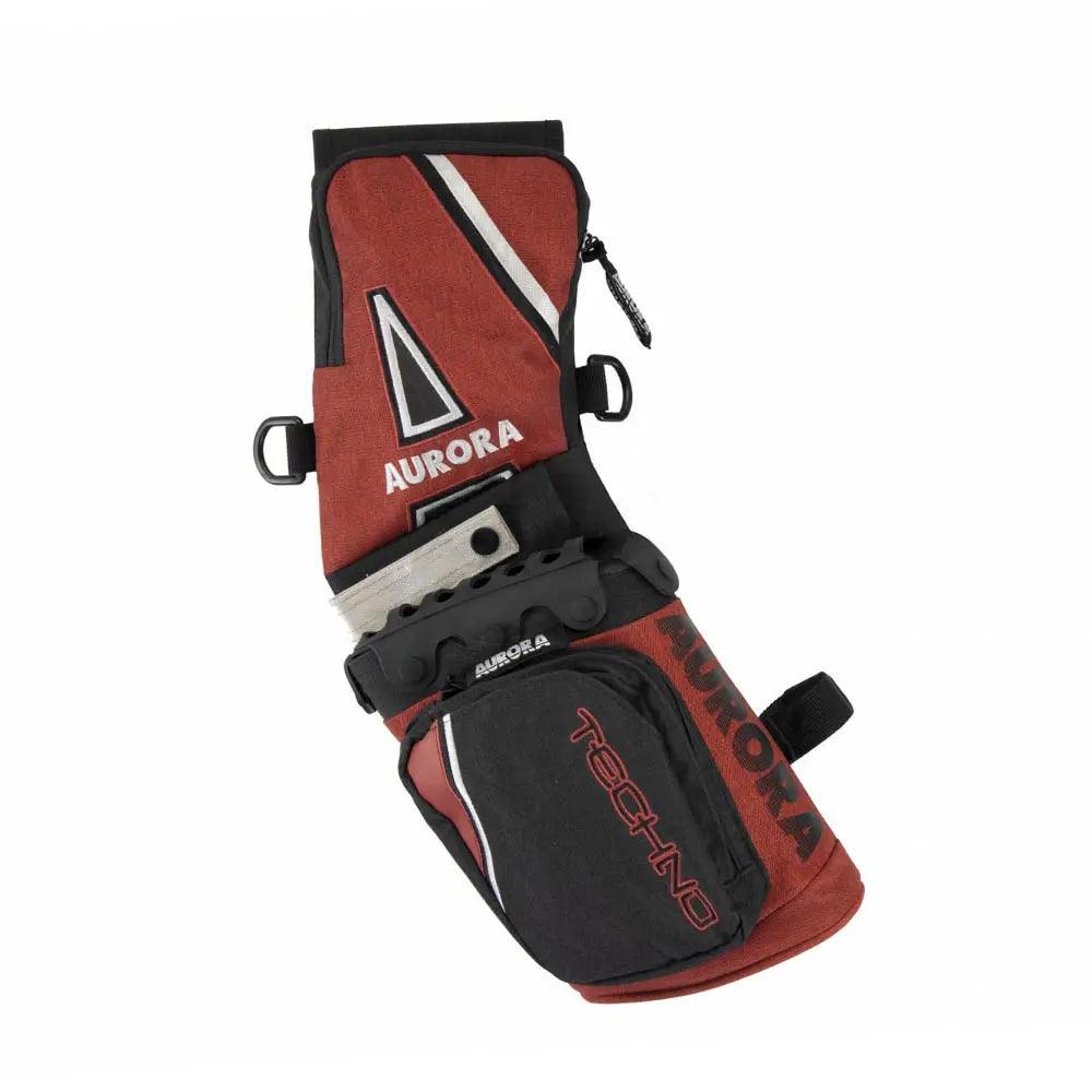 Aurora Field Quiver Techno Cherry archery quiver with red and black fabric, zip pocket, and logo