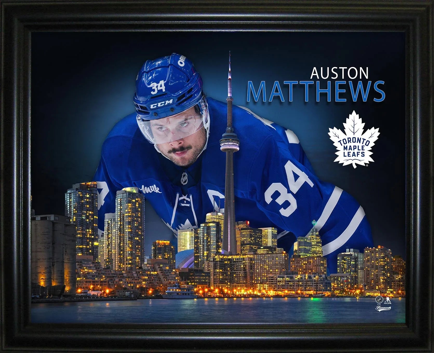 Auston Matthews in Toronto Maple Leafs jersey with CN Tower and Toronto skyline at night