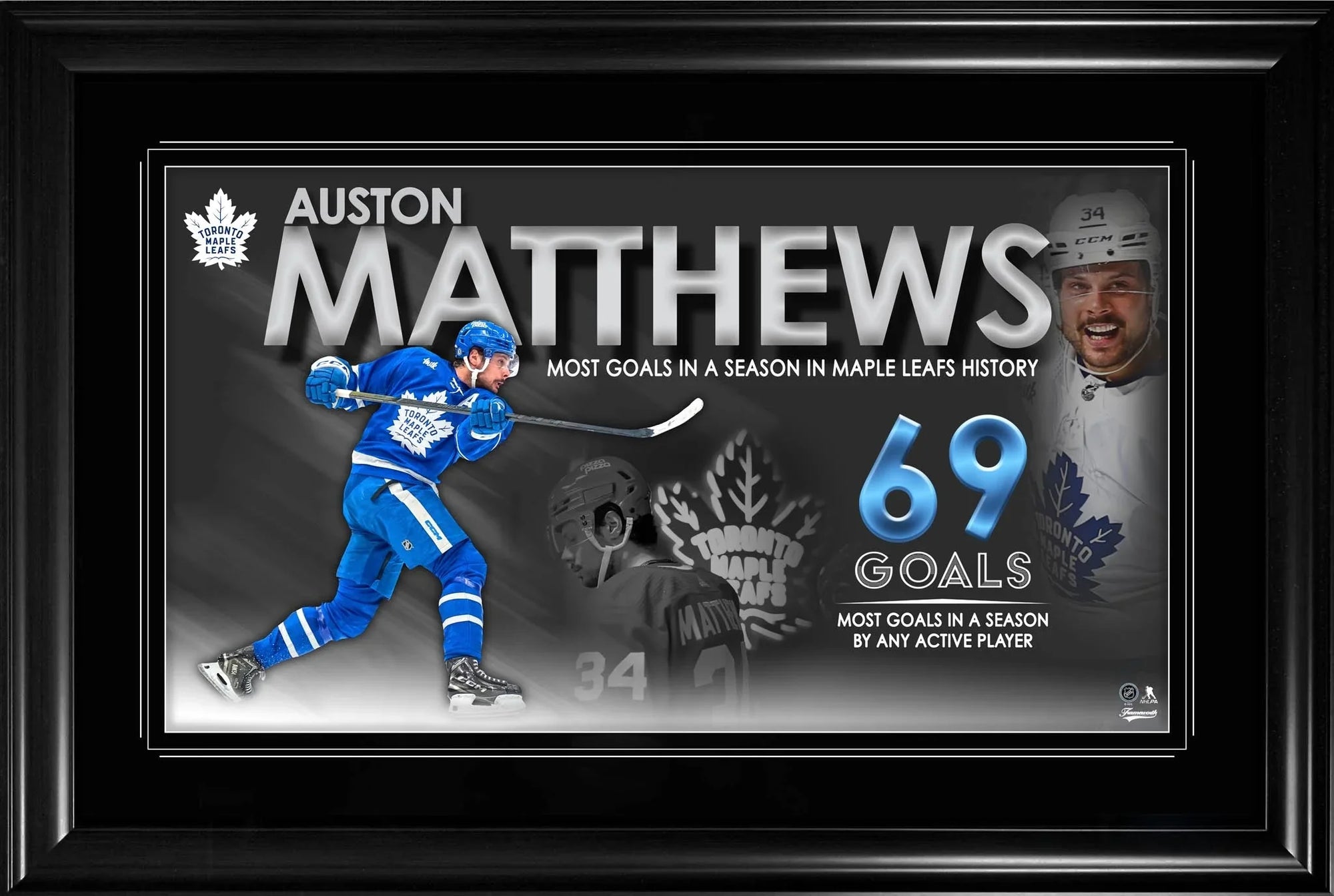 Auston Matthews Toronto Maple Leafs framed display celebrating 69 goals record, hockey-themed design