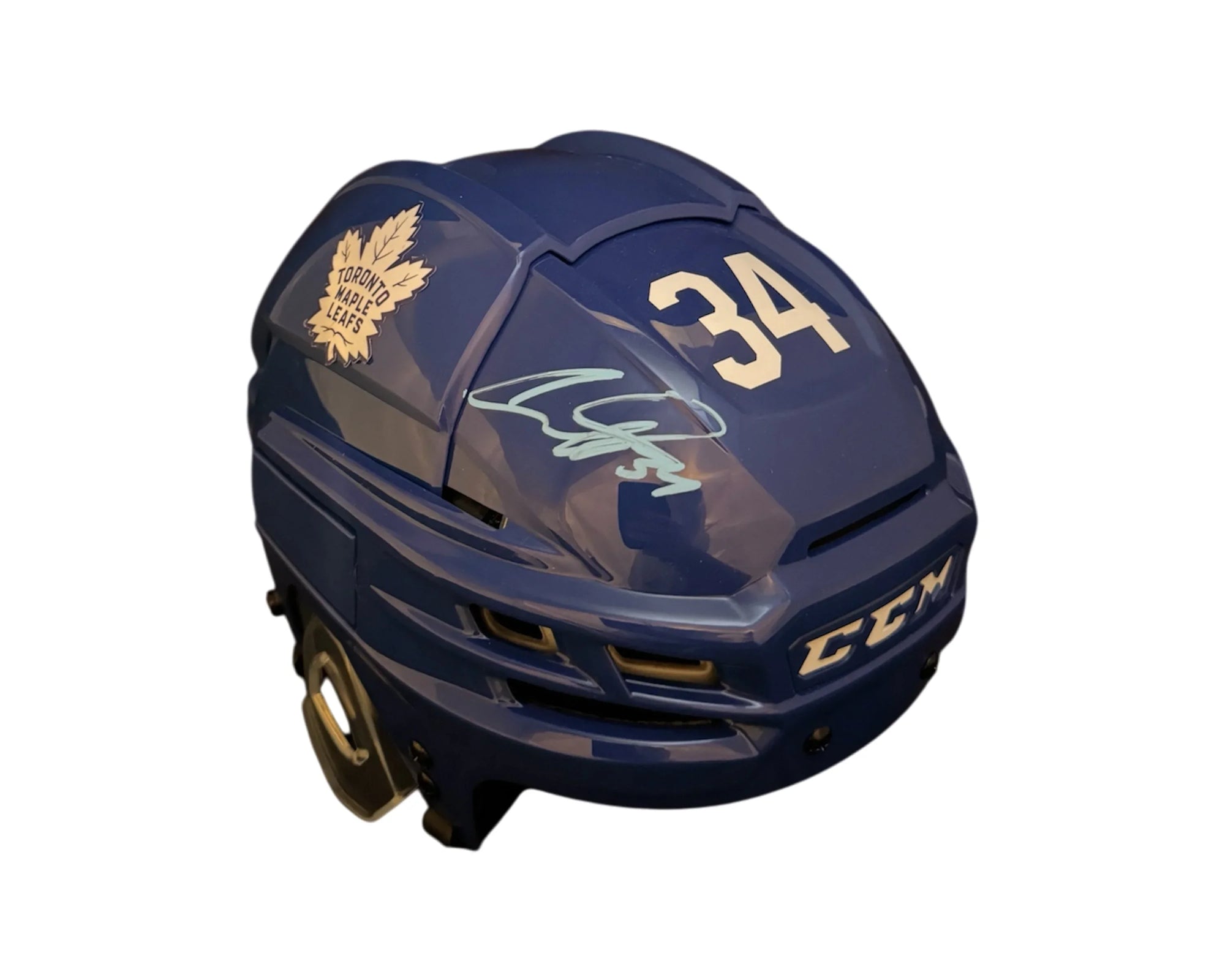 Toronto Maple Leafs blue CCM hockey helmet with number 34 and autograph