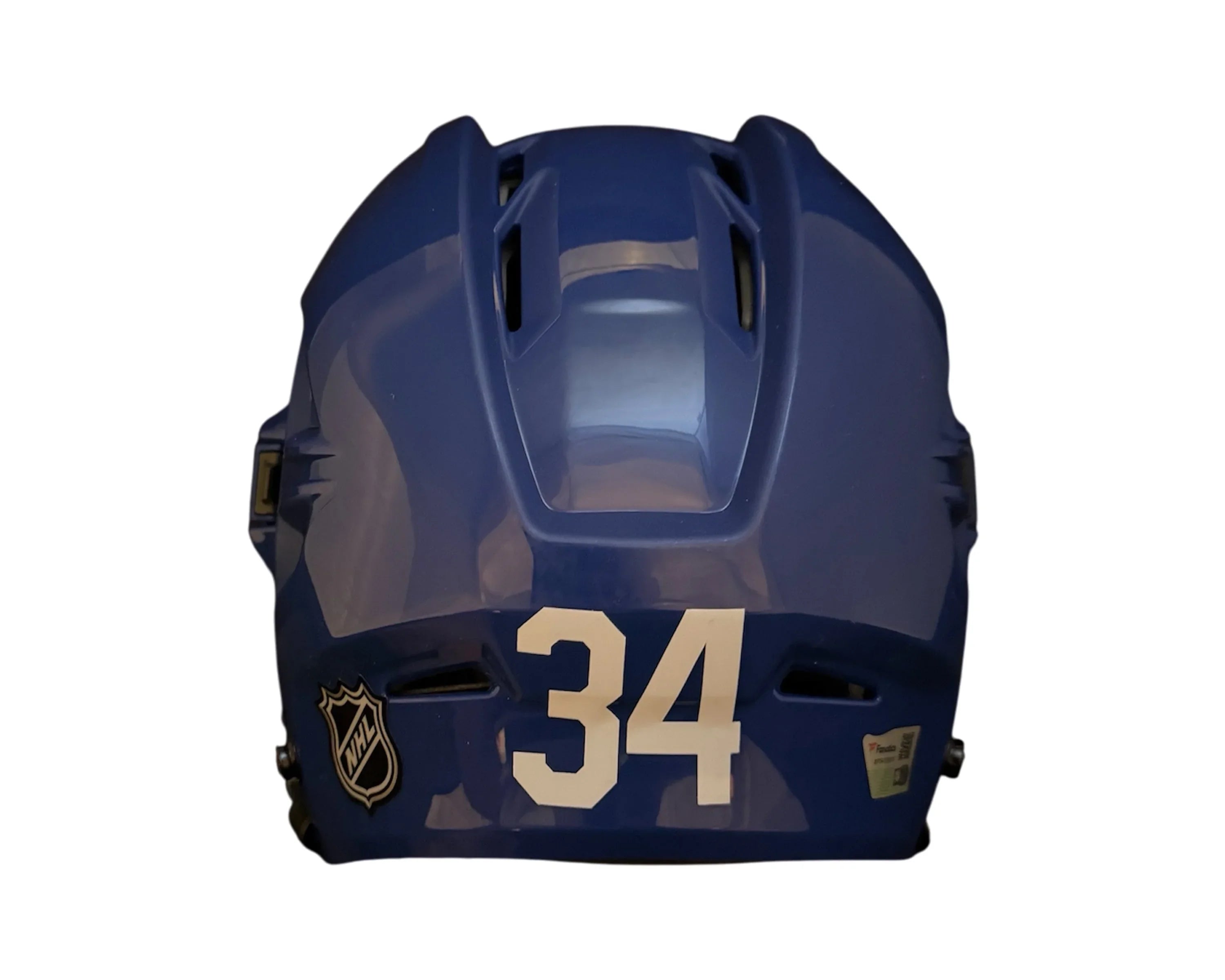 Blue NHL hockey helmet with number 34 and official logo on back