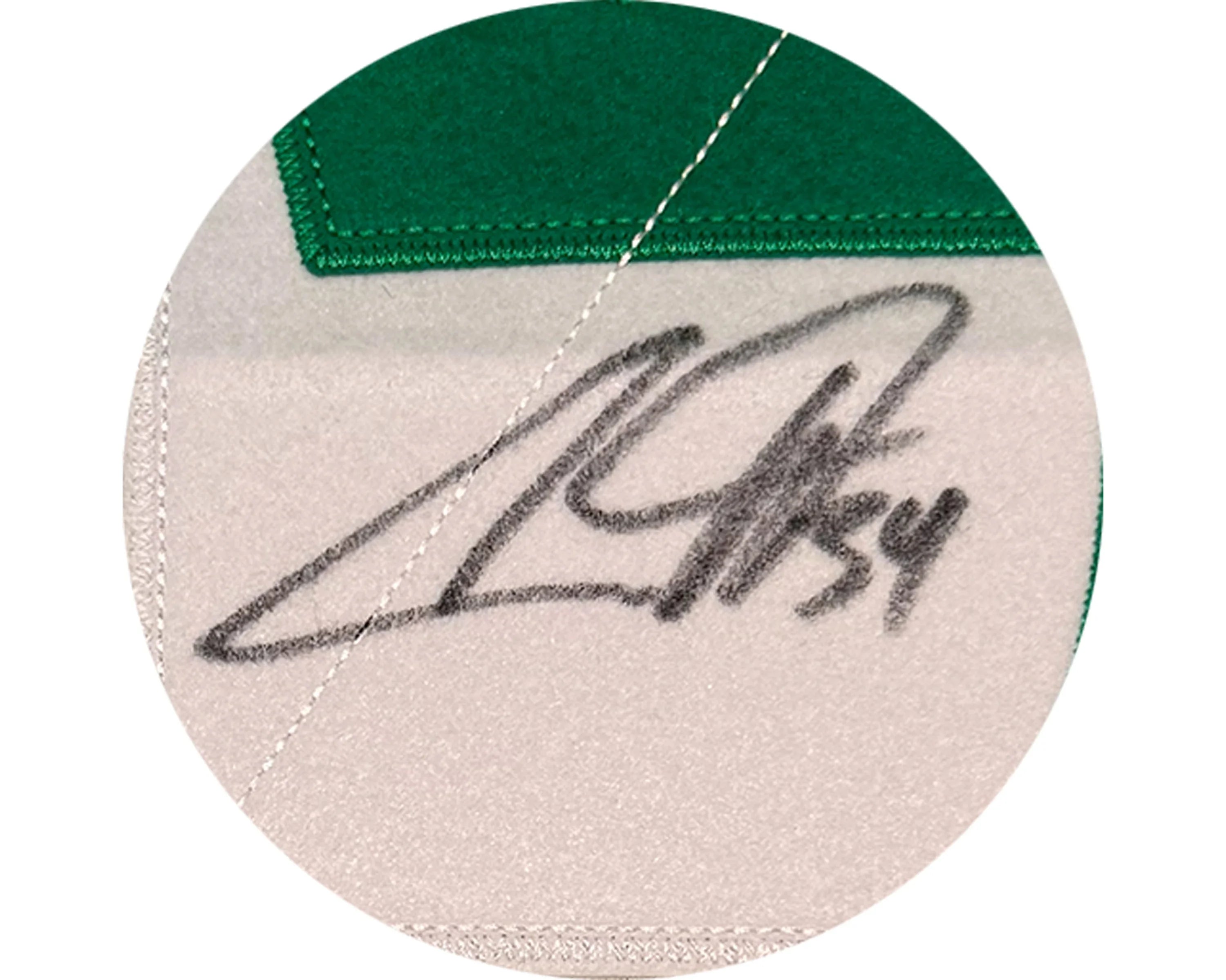 Close-up of black autograph and number 54 on white and green sports jersey fabric