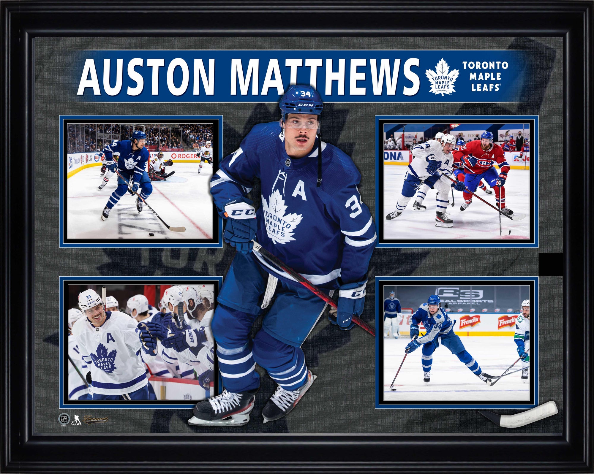 Framed Toronto Maple Leafs collage featuring hockey player in blue jersey, action shots, and team logo