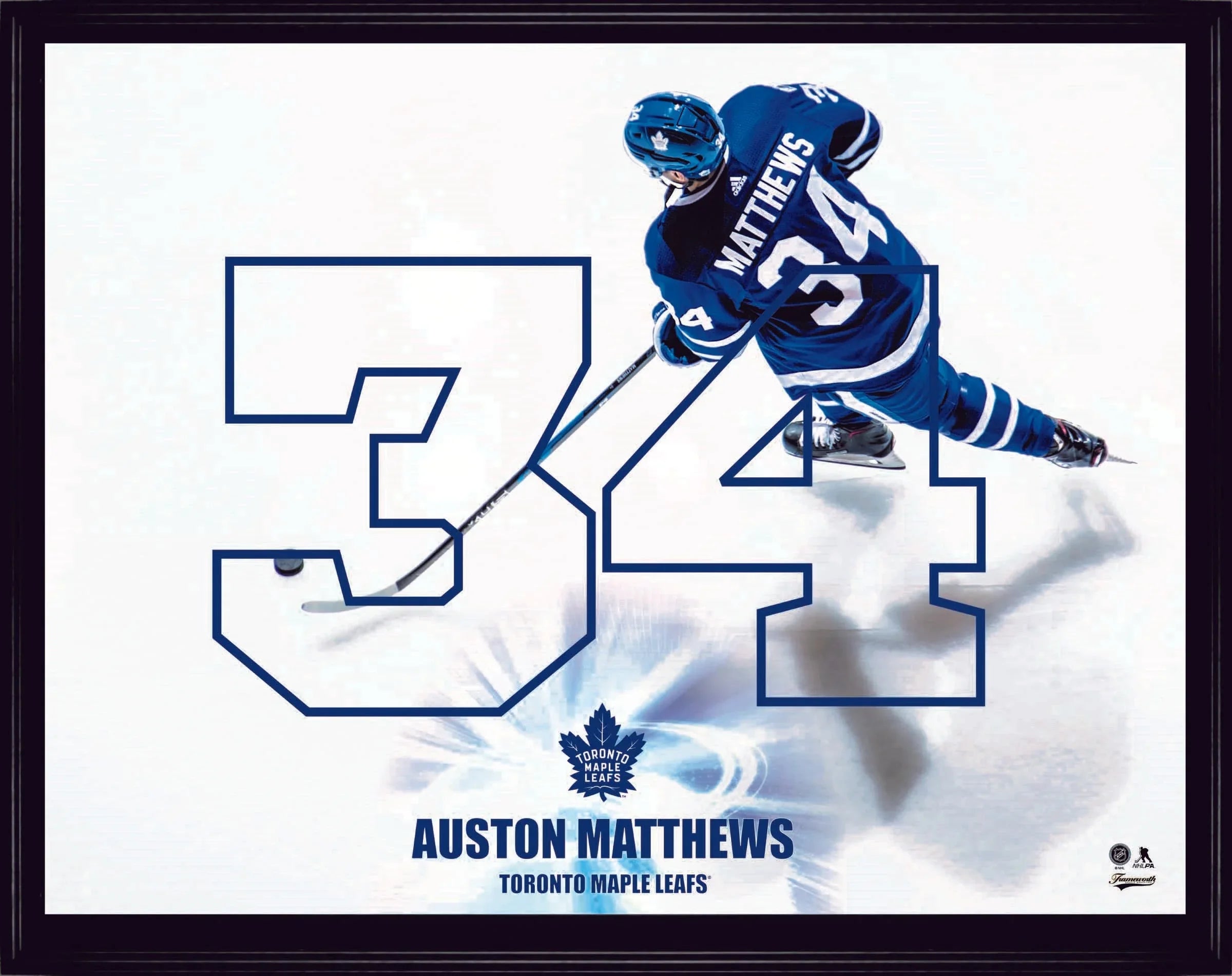 Hockey player in blue Toronto Maple Leafs jersey with number 34 and Matthews name, skating on ice