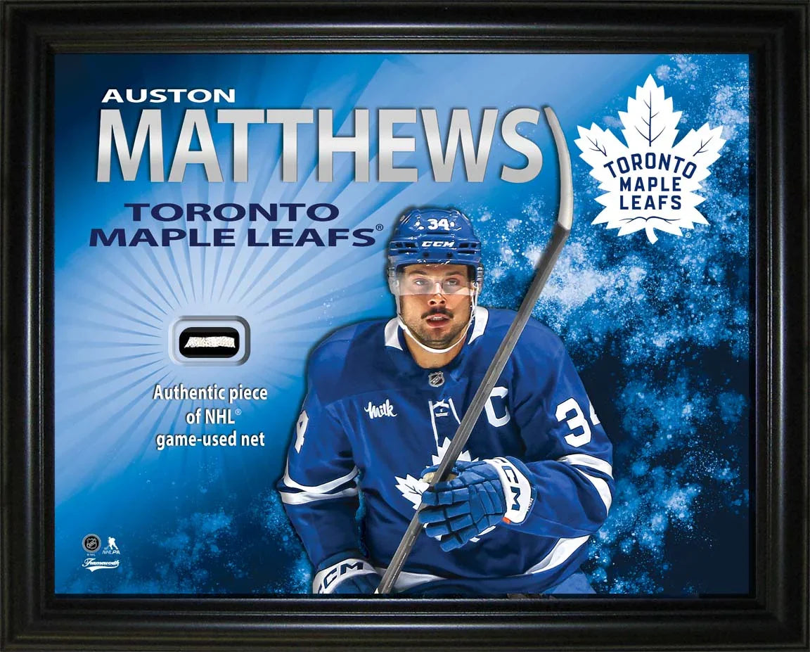 Framed Auston Matthews Toronto Maple Leafs collectible with authentic NHL net piece