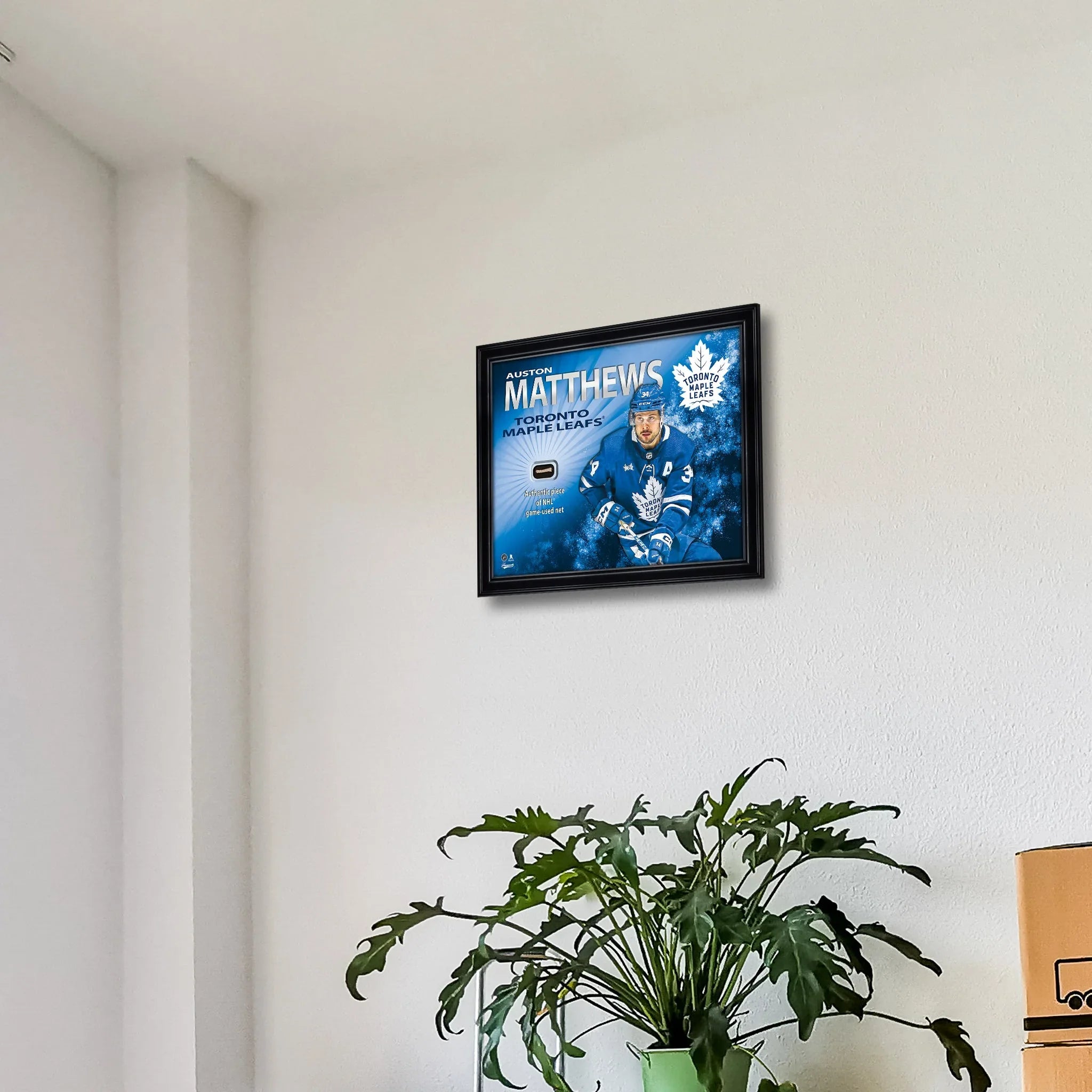 Framed Auston Matthews Toronto Maple Leafs jersey display on white wall above green plant