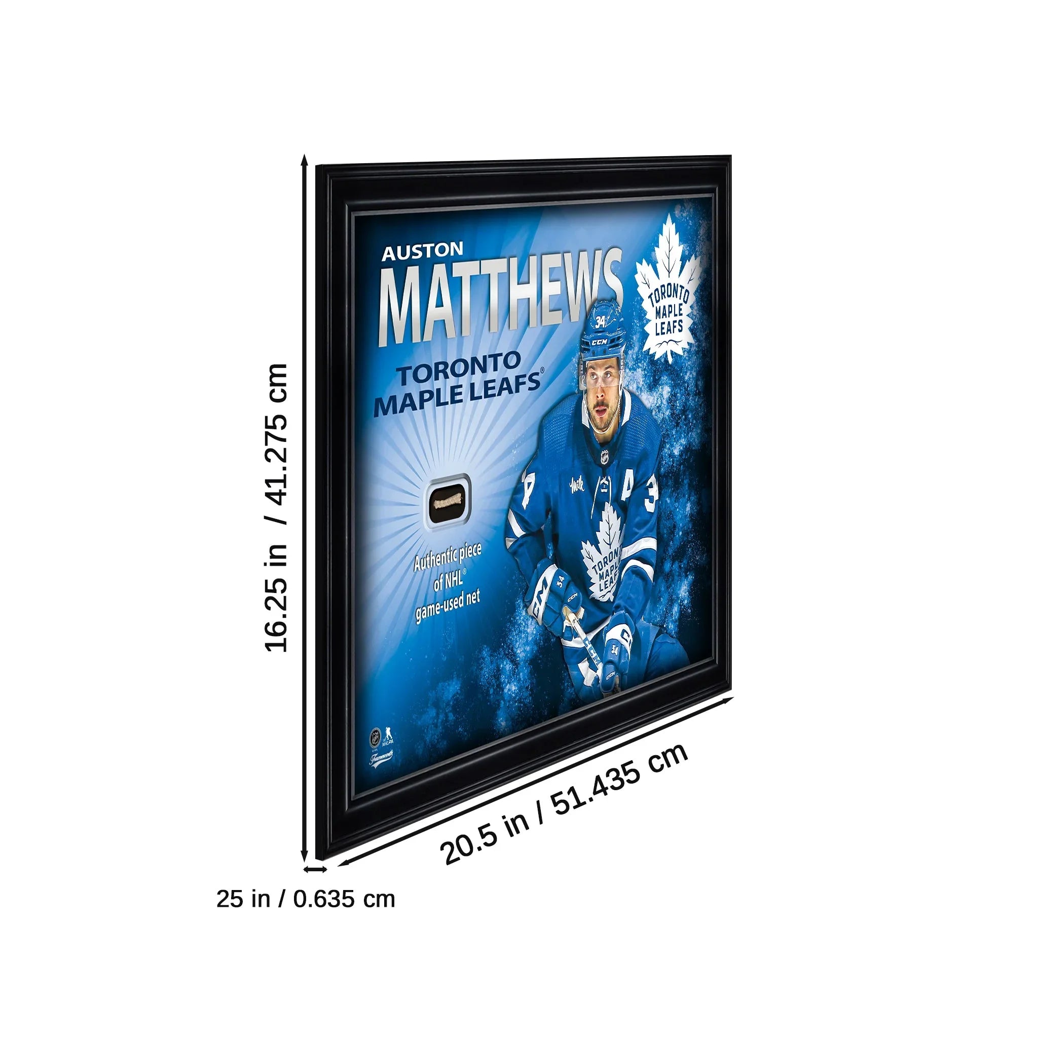 Framed Auston Matthews Toronto Maple Leafs collectible with game-used net, size labeled