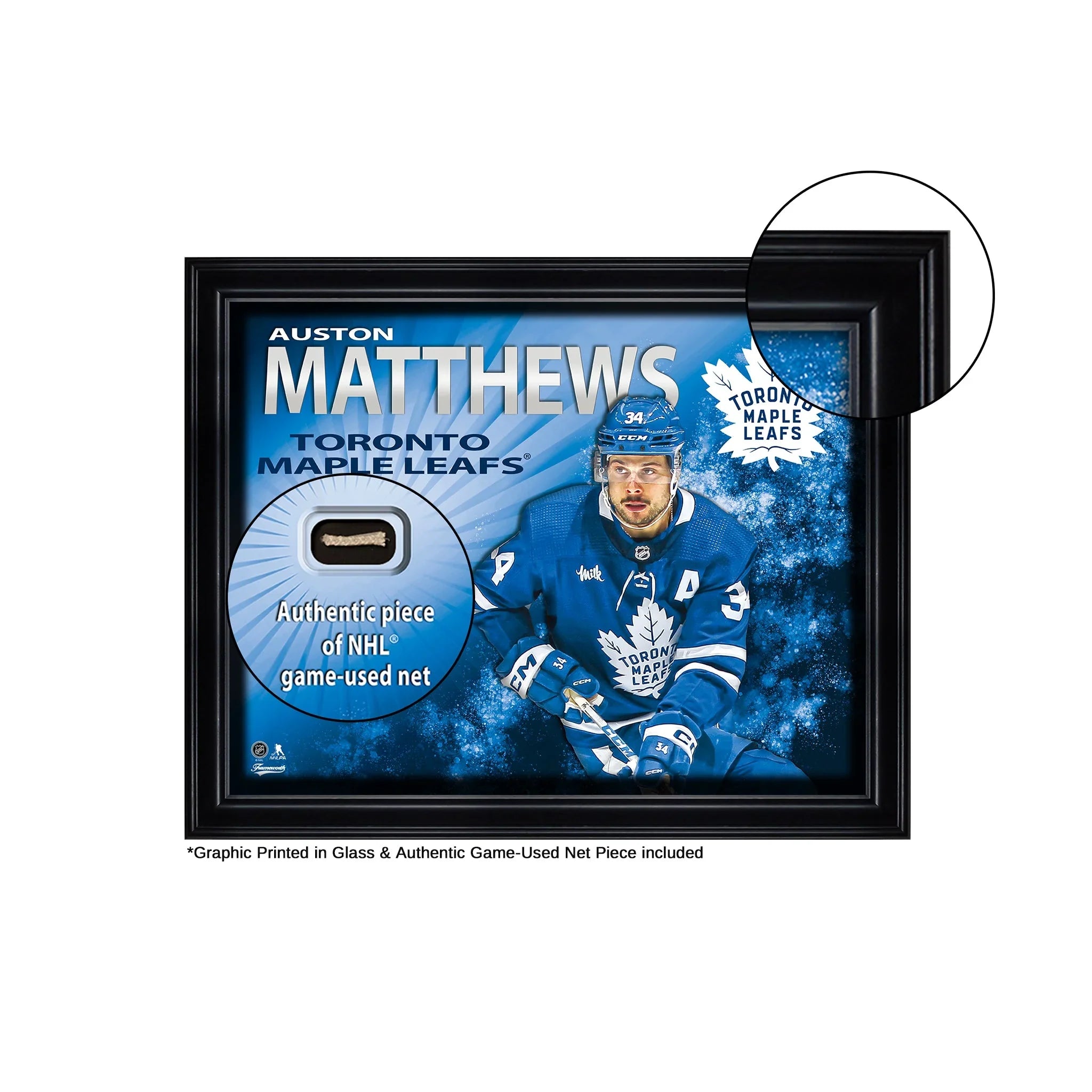 Auston Matthews Toronto Maple Leafs framed collectible with authentic NHL game-used net piece.