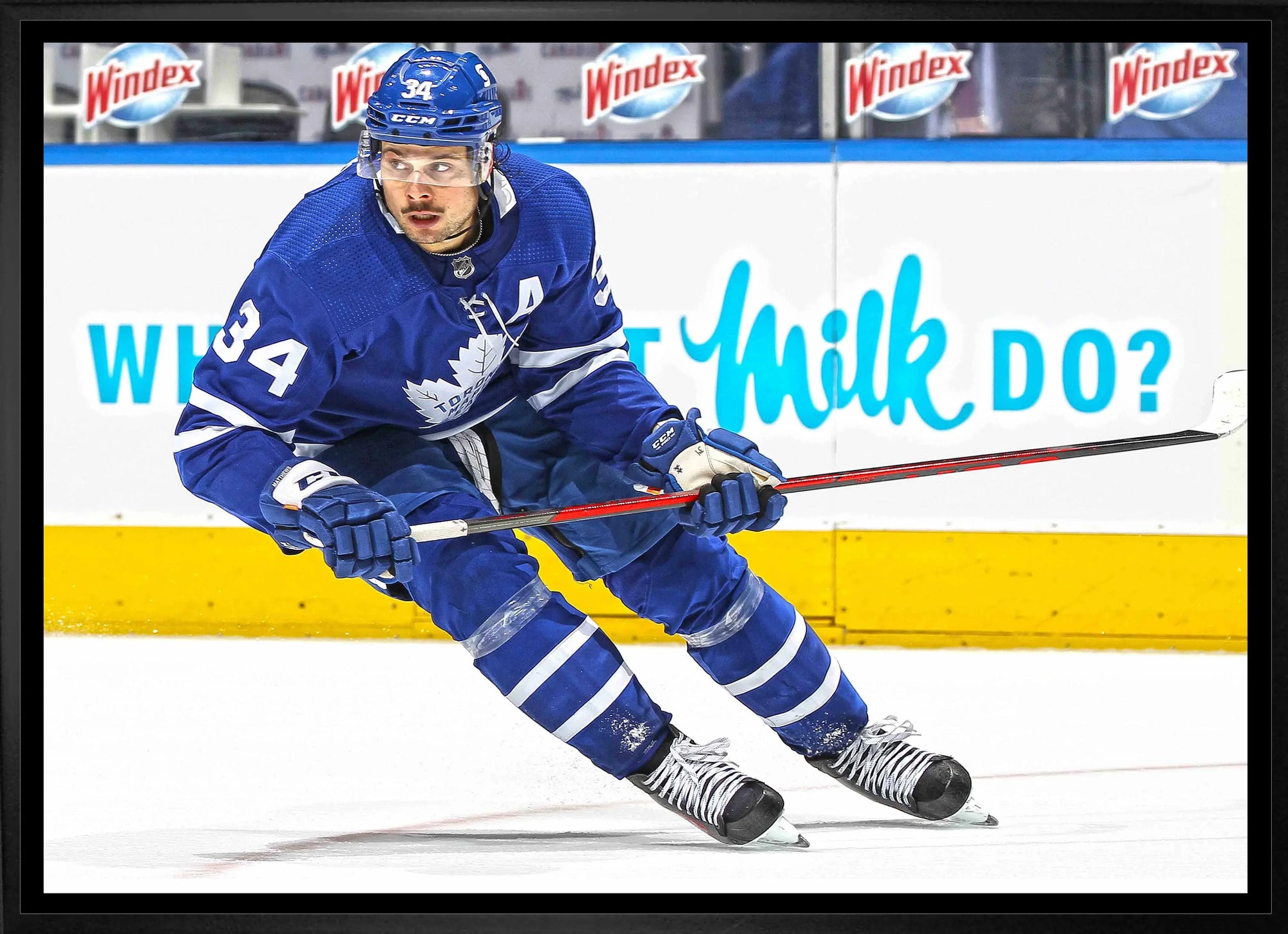 Toronto Maple Leafs ice hockey player in blue jersey and skates in action on rink