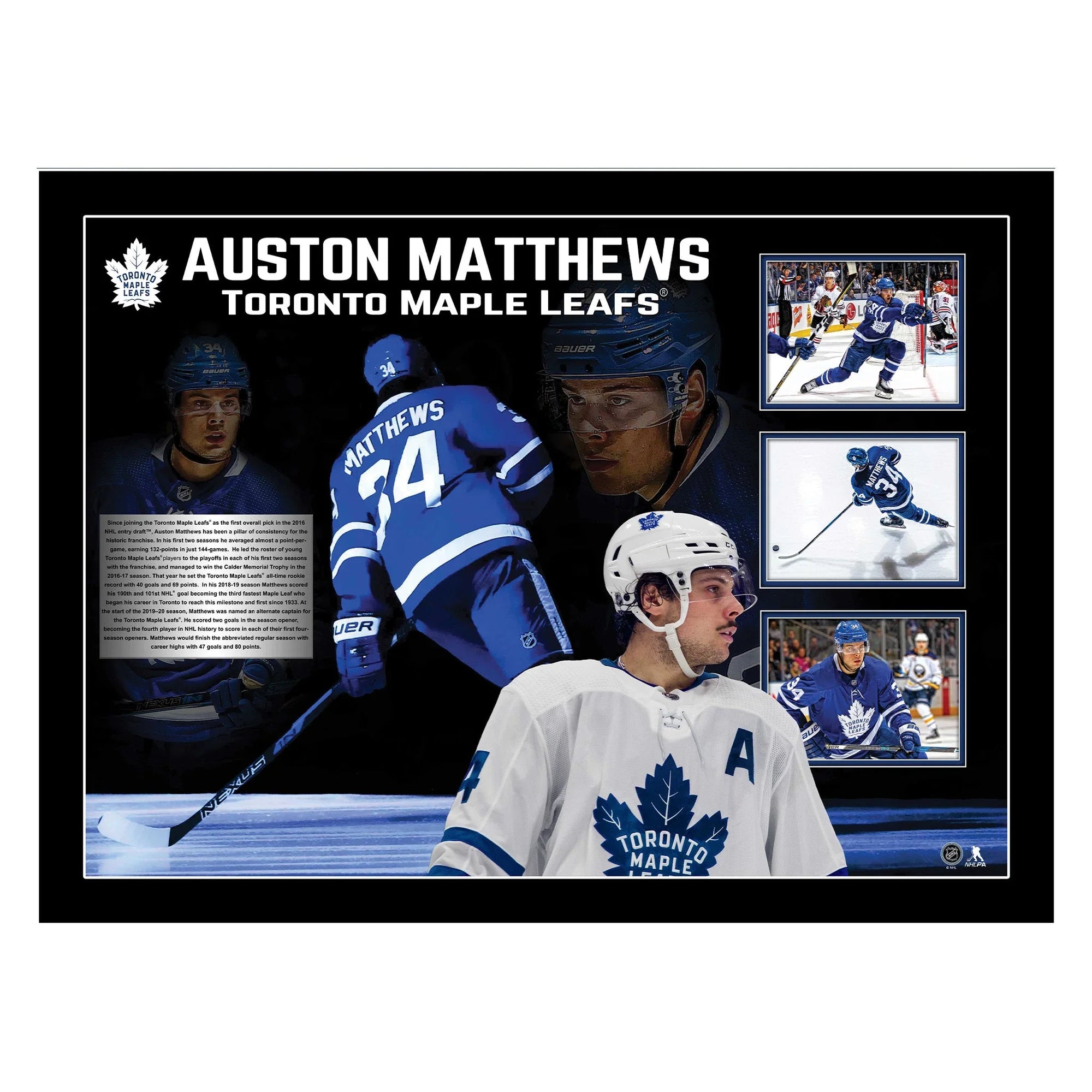 Auston Matthews Toronto Maple Leafs collage, NHL hockey player in blue and white uniforms on ice.