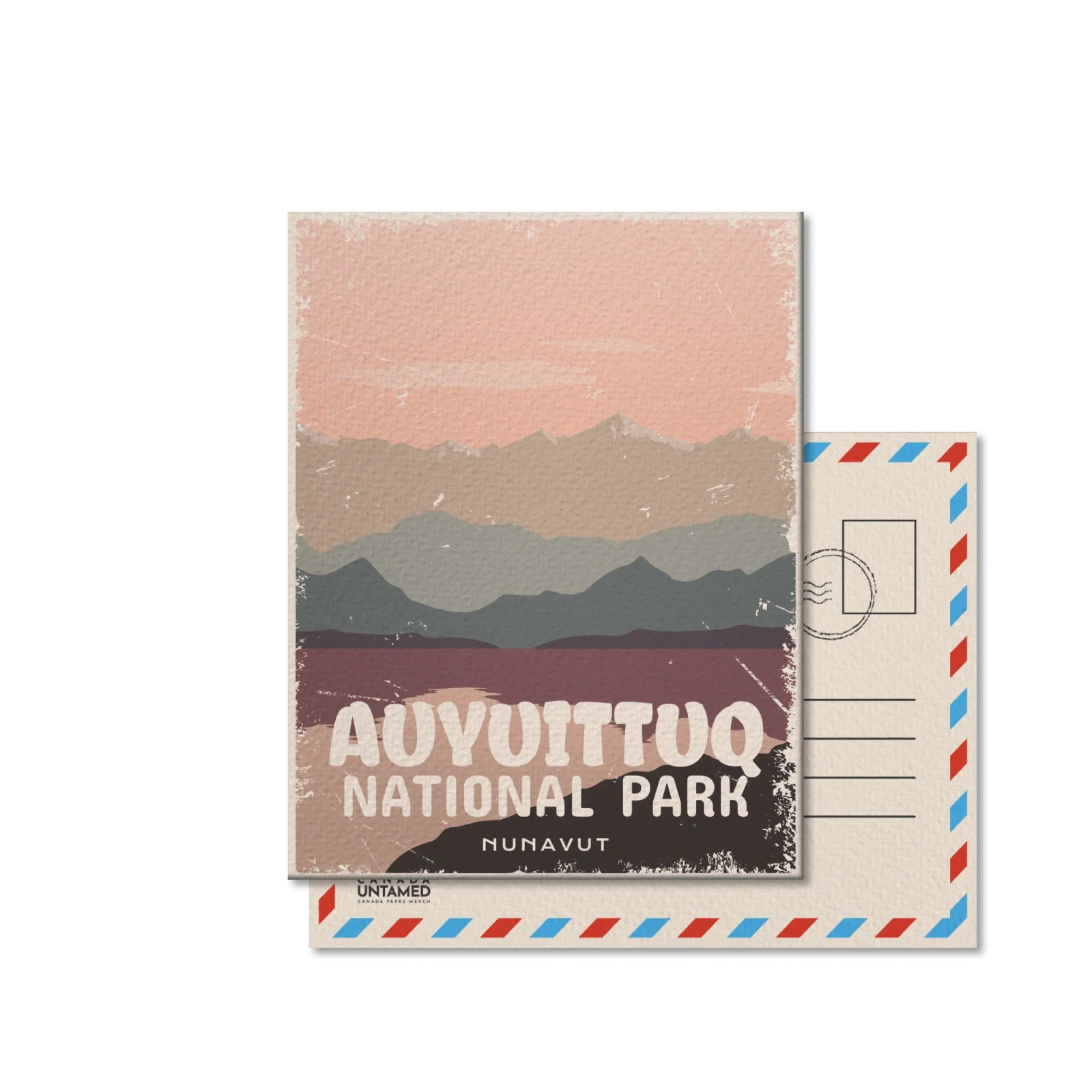 Auyuittuq National Park Nunavut vintage postcard with stylized mountain landscape art