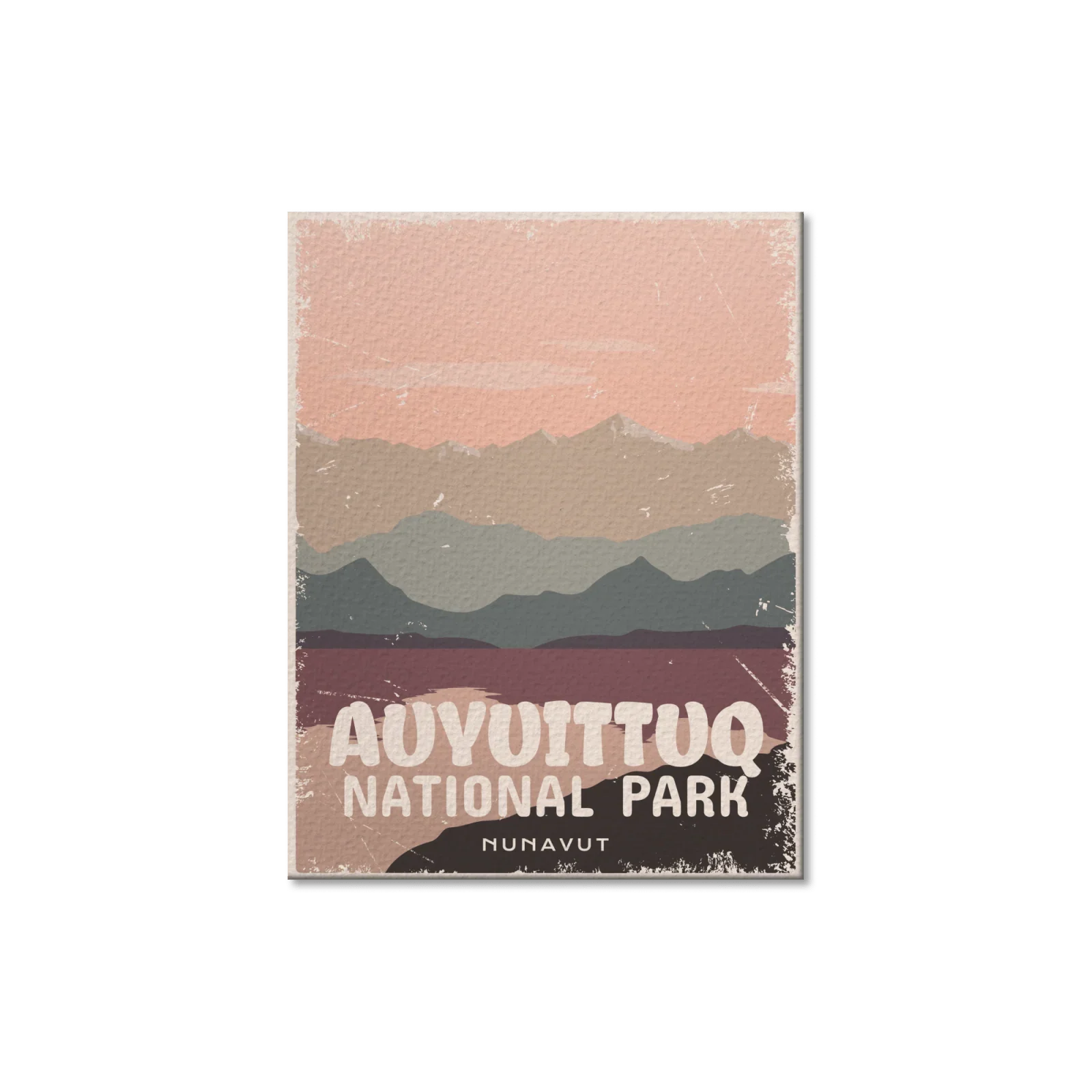 Auyuittuq National Park Nunavut postcard with layered mountain landscape design.