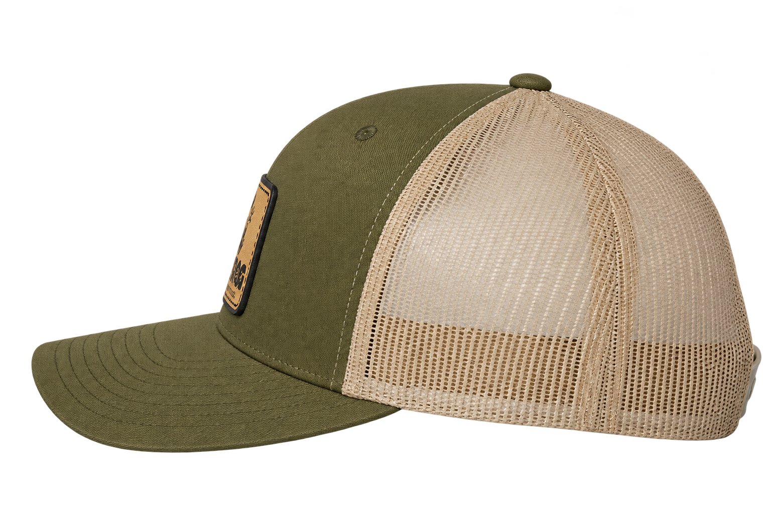 Side view of Leapfrog Outdoor Forest Denim leatherette patch hat with structured crown and curved visor