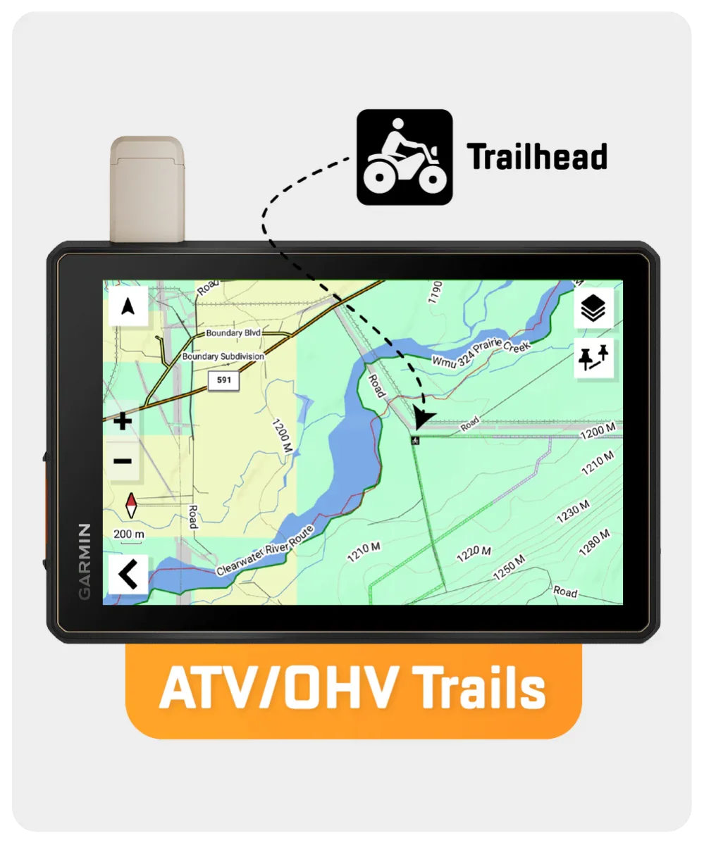 Garmin GPS displaying Alberta ATV OHV trail map with trailhead marker icon.