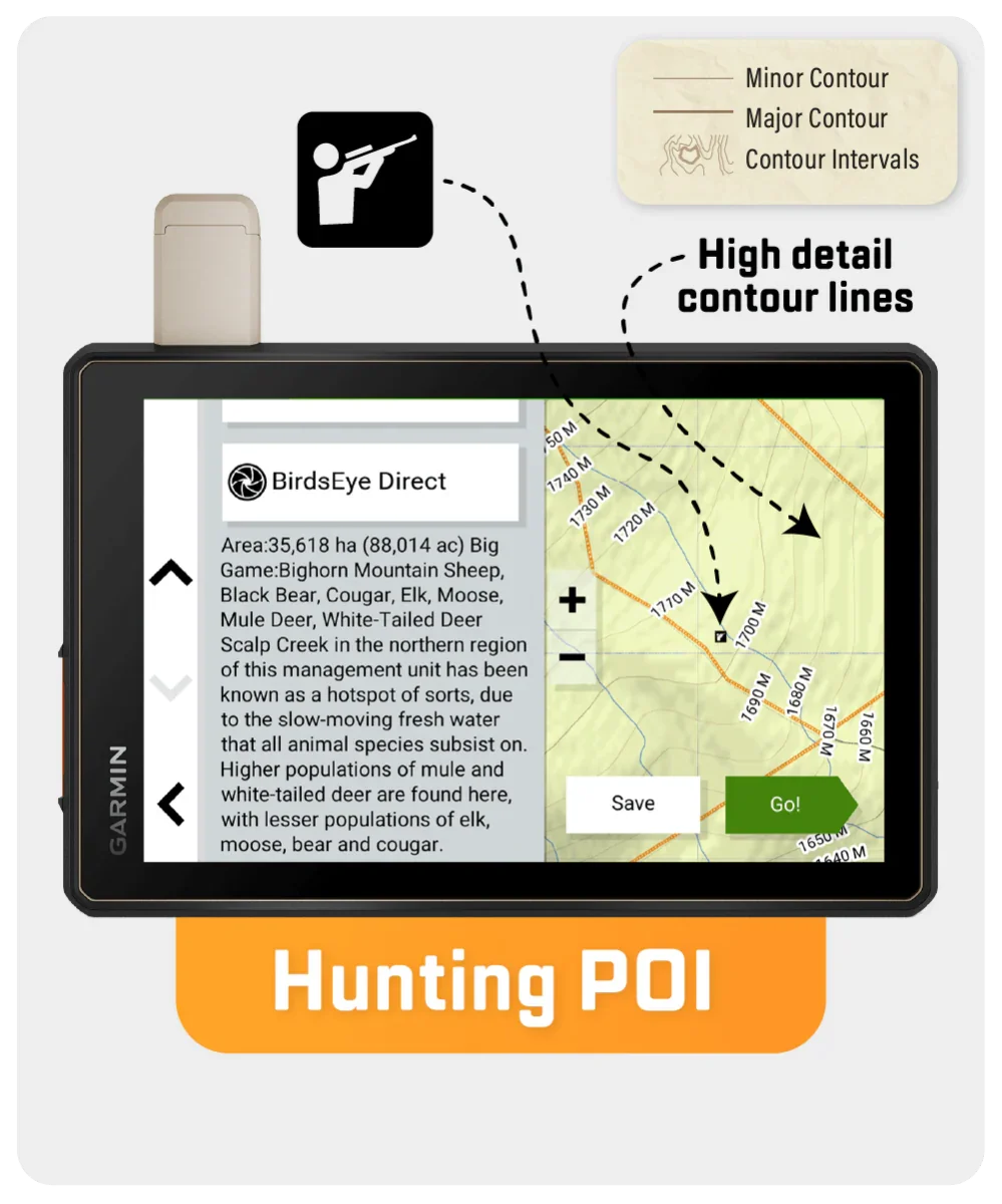 Garmin GPS displaying Alberta hunting POI map with high detail contour lines.