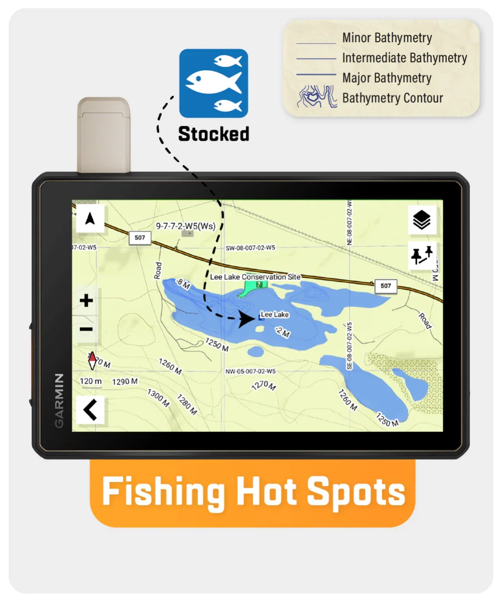 Alberta GPS map on Garmin showing Lee Lake fishing hot spots and bathymetry contours.