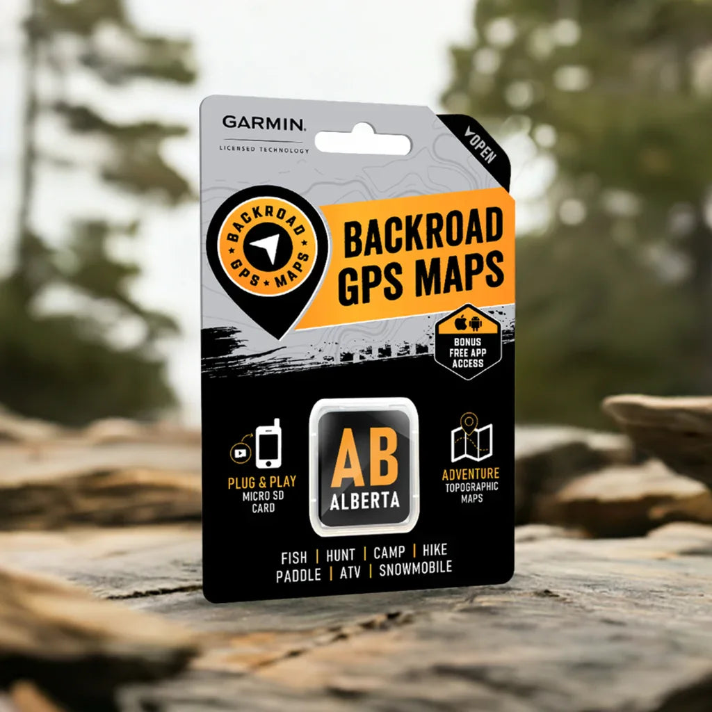 Backroad Alberta GPS maps package for Garmin on a wooden outdoor surface