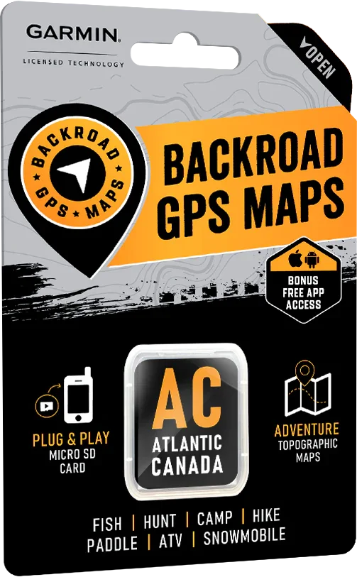 Atlantic Canada Backroad GPS Maps packaging for Garmin, micro SD card, adventure topographic map