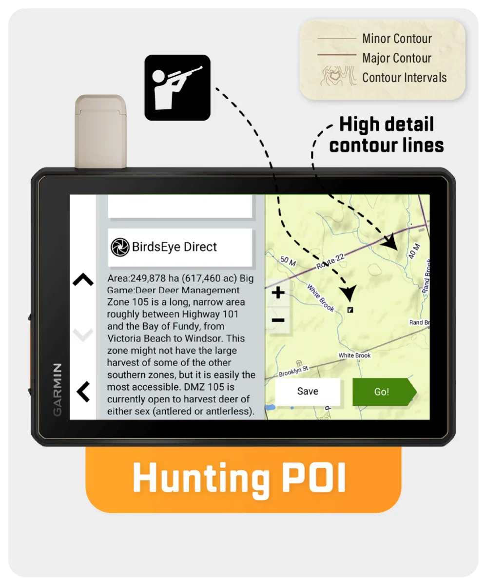 Garmin GPS showing Atlantic Canada hunting POI map with high detail contour lines.