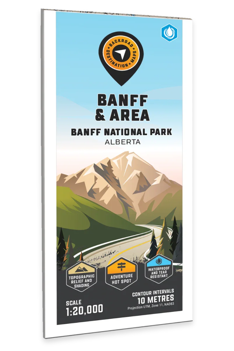Banff area map cover showing Banff National Park Alberta, with mountains and a road illustration.