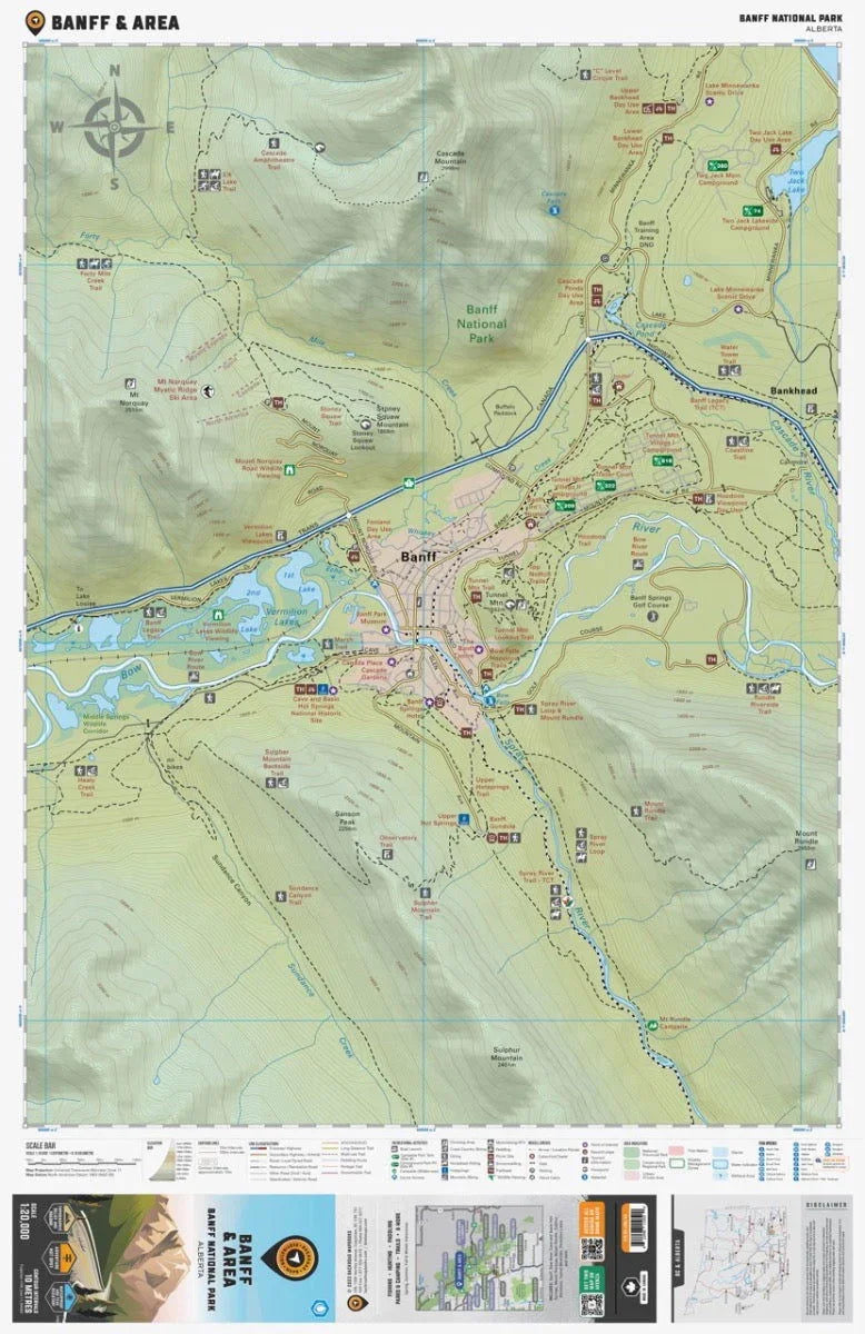 Banff area map showing hiking trails, roads, landmarks in Banff National Park, Alberta.
