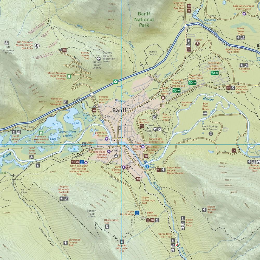 Banff National Park map showing Banff townsite, trails, lakes, and landmarks in Alberta.