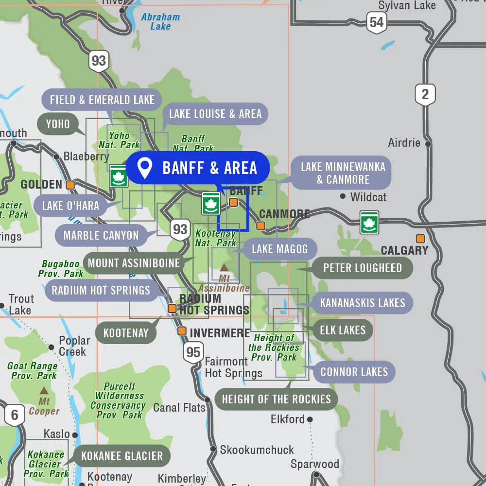 Banff National Park area map highlighting Banff, Lake Louise, Canmore, and nearby parks