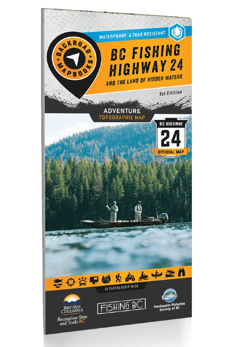 BC Fishing Highway 24 topographic map cover with anglers on a boat, forest and lake background.