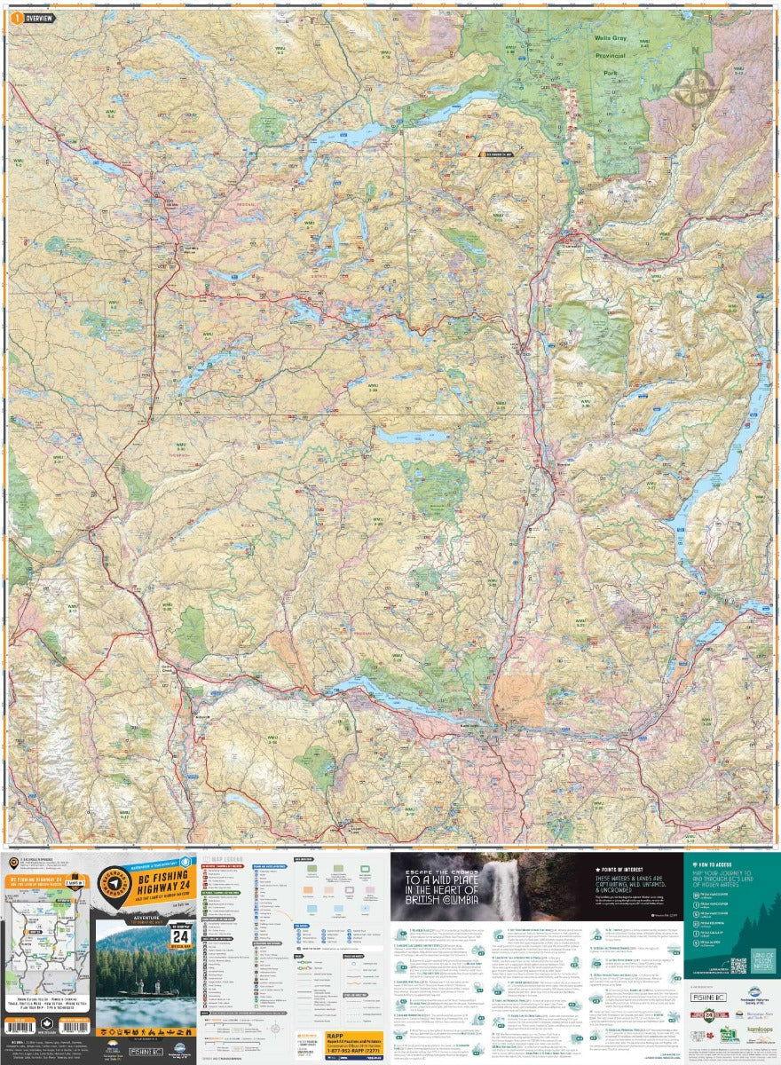 BC Fishing Highway 24 and Land of Hidden Waters recreation map with lakes, highways, parks, and legend.