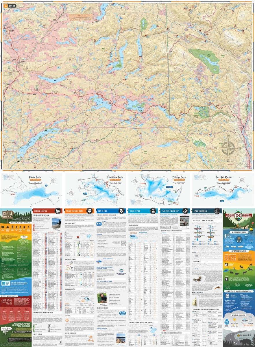 BC Fishing Highway 24 and Land of Hidden Waters recreation map with lakes and travel info.