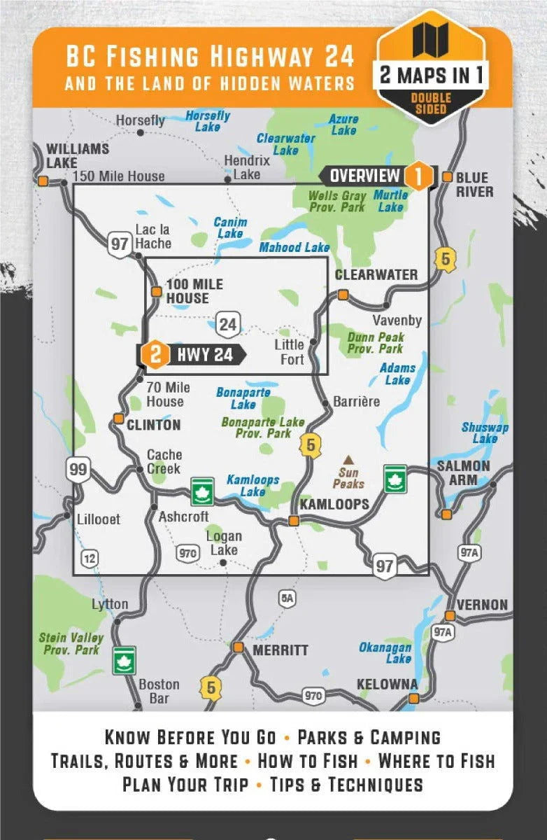 Map of BC Fishing Highway 24 and Land of Hidden Waters showing lakes, parks, highways.