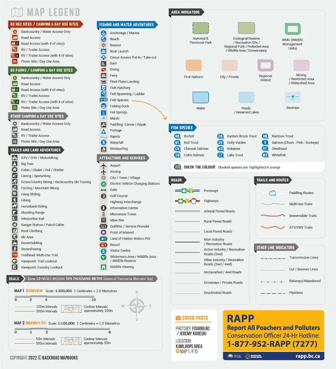 Backroad Maps legend for BC Fishing Highway 24, with map symbols, fish species, and area indicators.