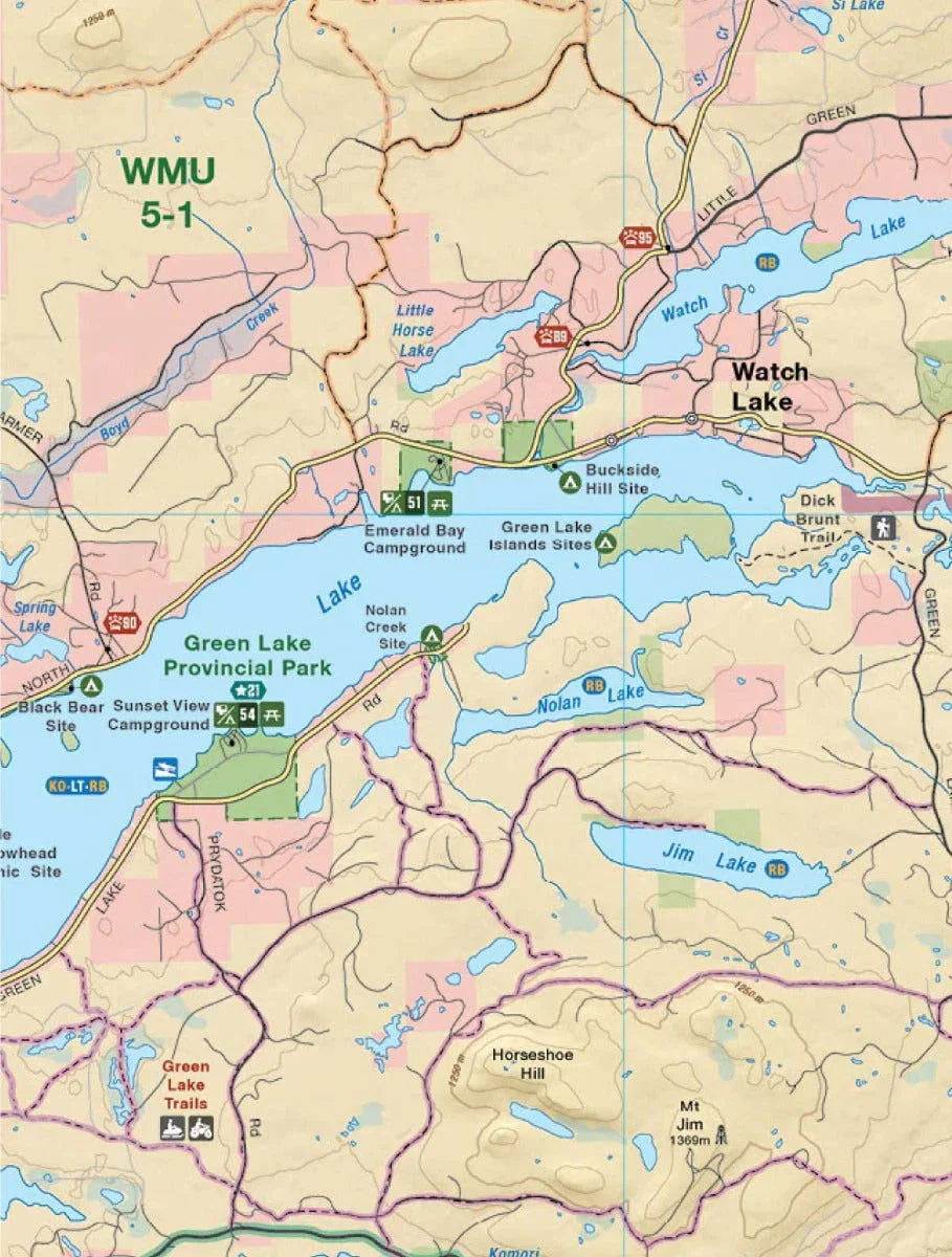 Map showing Green Lake Provincial Park, Watch Lake, trails, and campgrounds in BC.