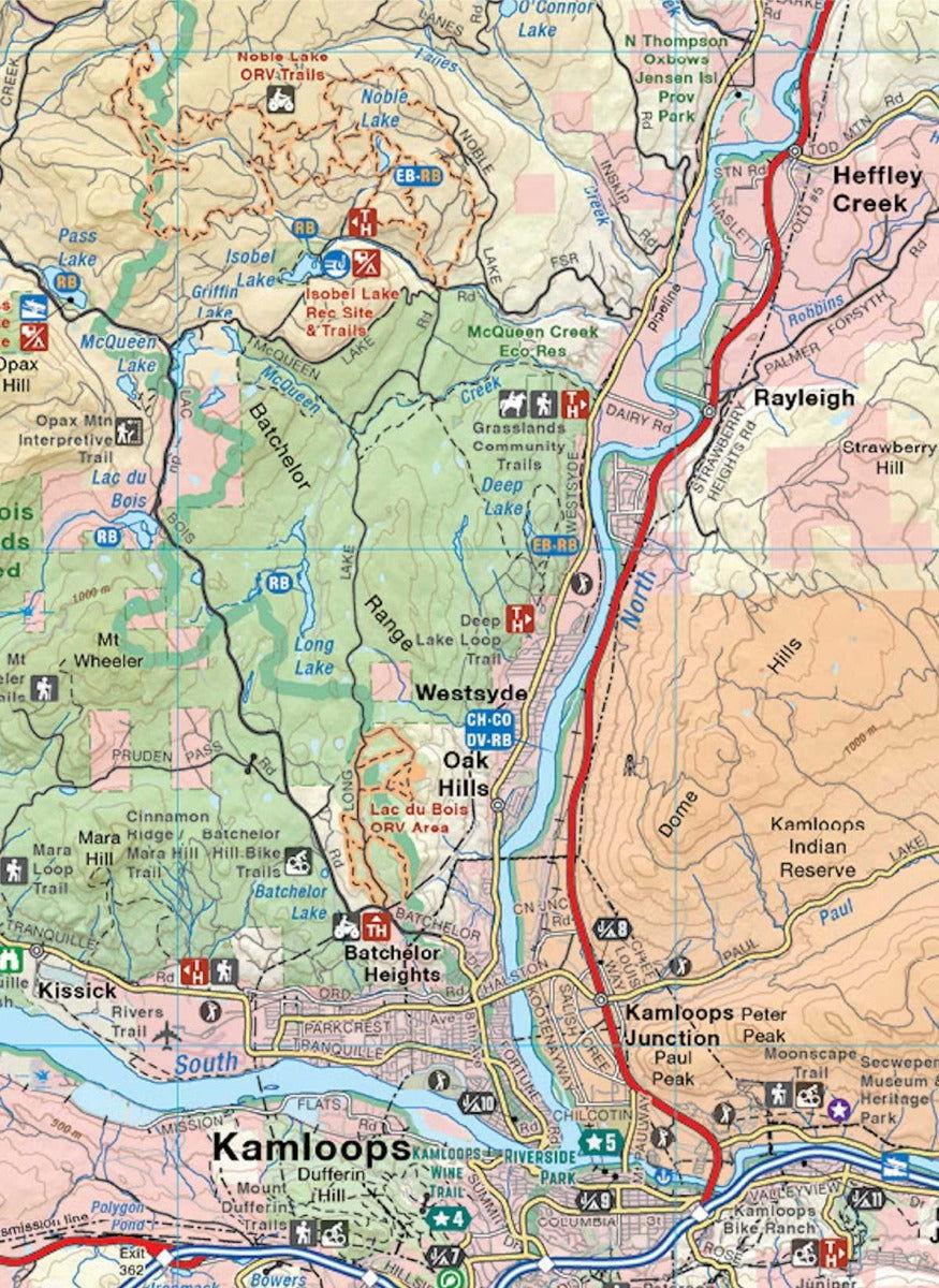 Recreation map of Kamloops area showing lakes, trails, highways, and parks in BC.