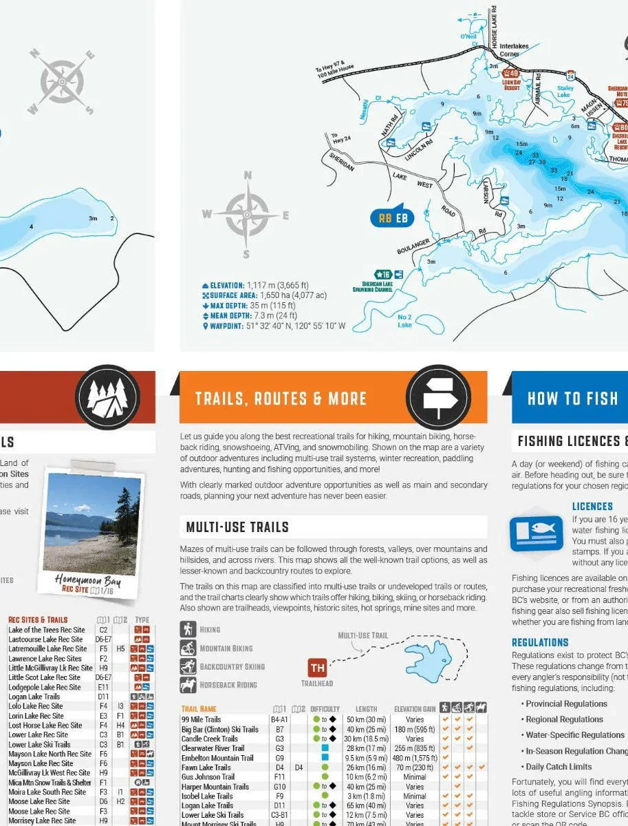 BC Fishing Highway 24 recreation map with trails, lake depths, and fishing licence info