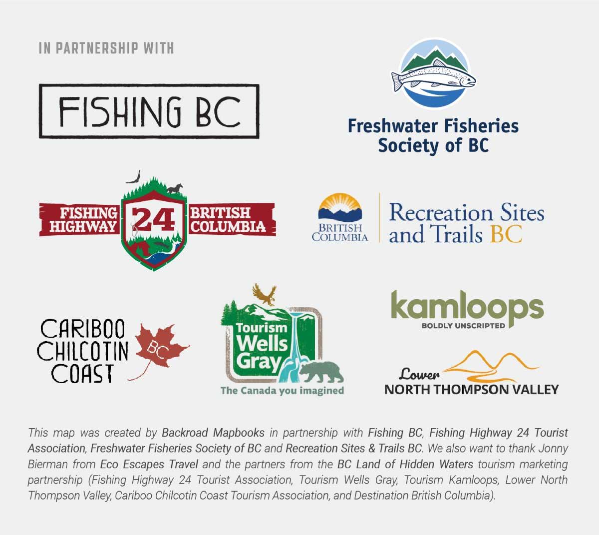 Fishing Highway 24 BC recreation map sponsor logos, including Fishing BC, Freshwater Fisheries Society, Tourism Wells Gray, Kamloops, and Cariboo Chilcotin Coast.