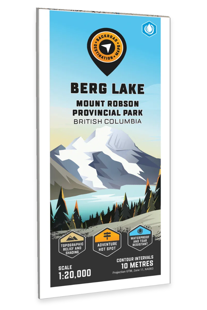 Berg Lake Mount Robson Provincial Park BC map cover with illustrated mountains and lake
