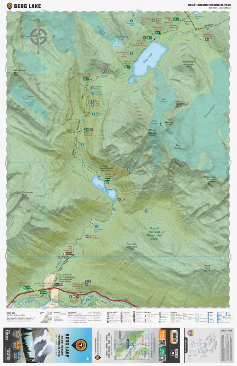 Berg Lake map showing trails, campsites, lakes, topography in Mount Robson Provincial Park BC