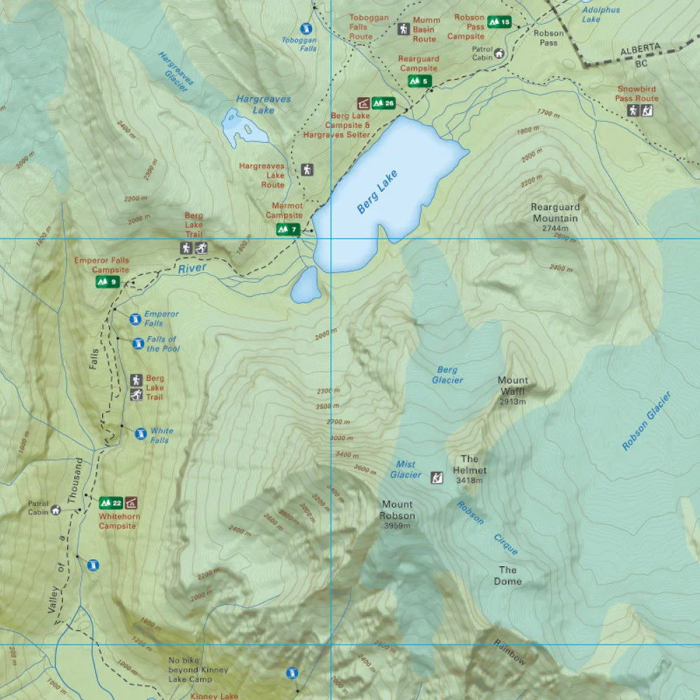 Topographic map of Berg Lake, Mount Robson Provincial Park BC with campsites and trails visible