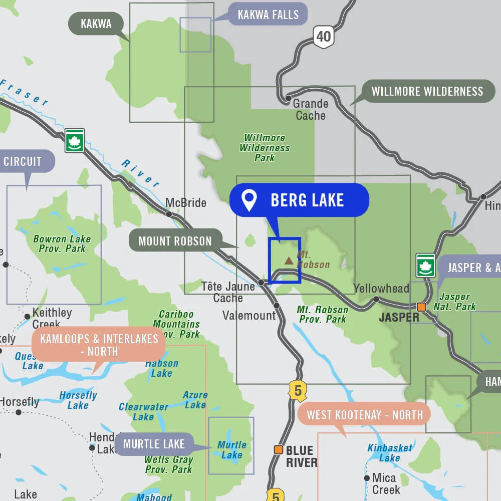 Map showing Berg Lake in Mount Robson Provincial Park, BC, with highlighted location marker.