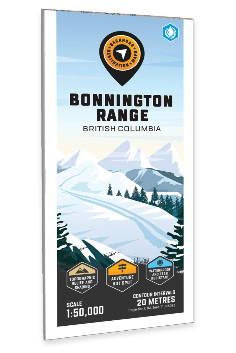 Bonnington Range British Columbia map cover with snowy mountains, pine trees, and adventure symbols