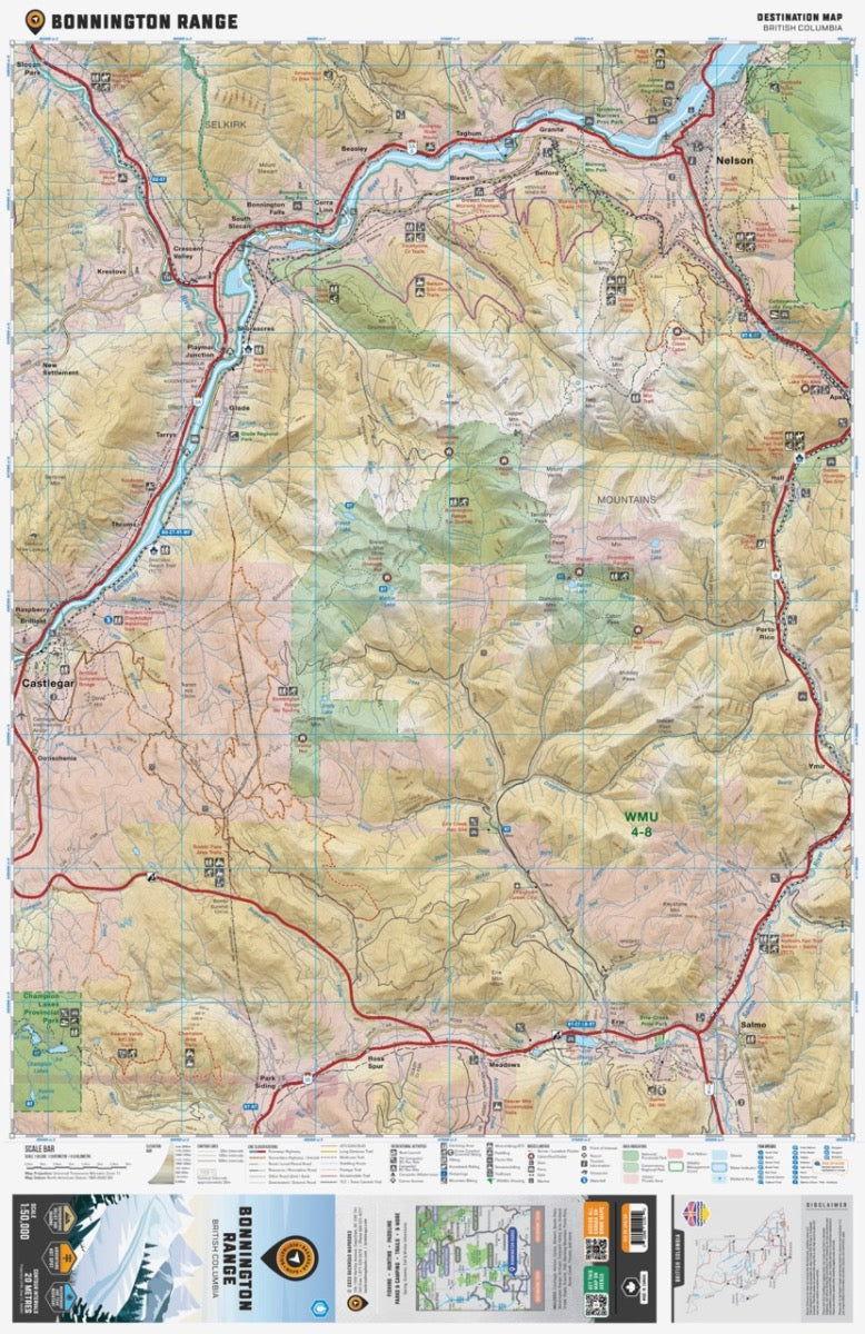 Bonnington Range BC detailed topographic trail map with roads, rivers, towns and elevation