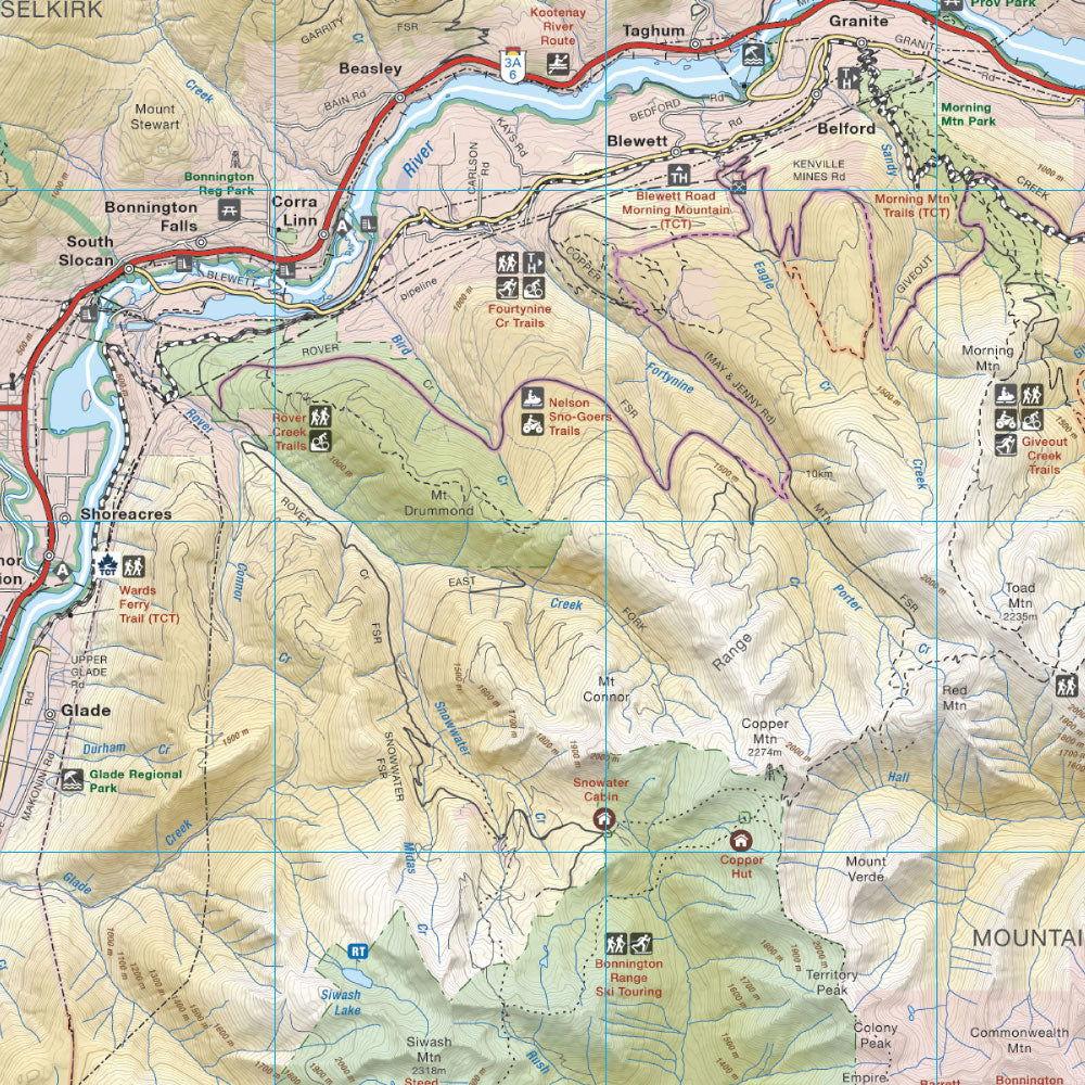 Bonnington Range BC destination map with trails, camps, rivers, and parks highlighted