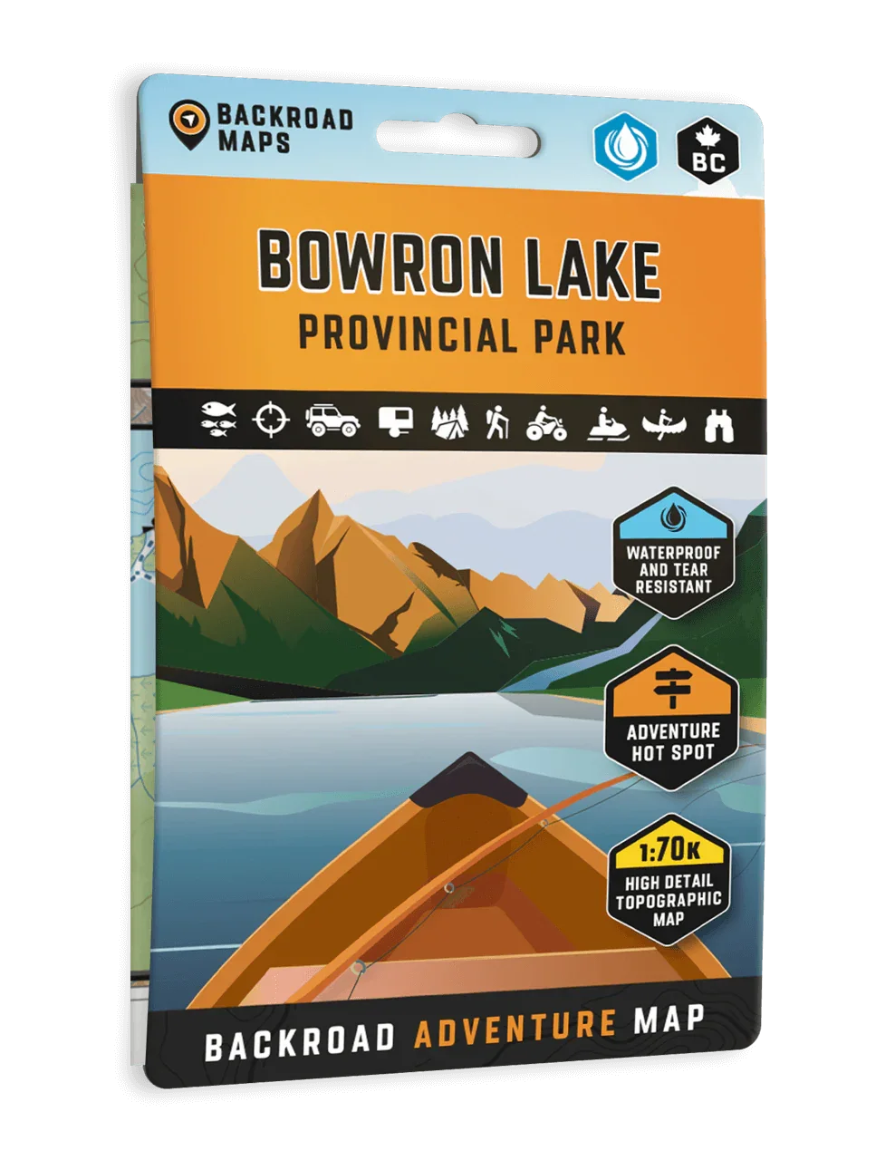 Bowron Lake Provincial Park topographic adventure map cover with canoe, mountains, and lake.