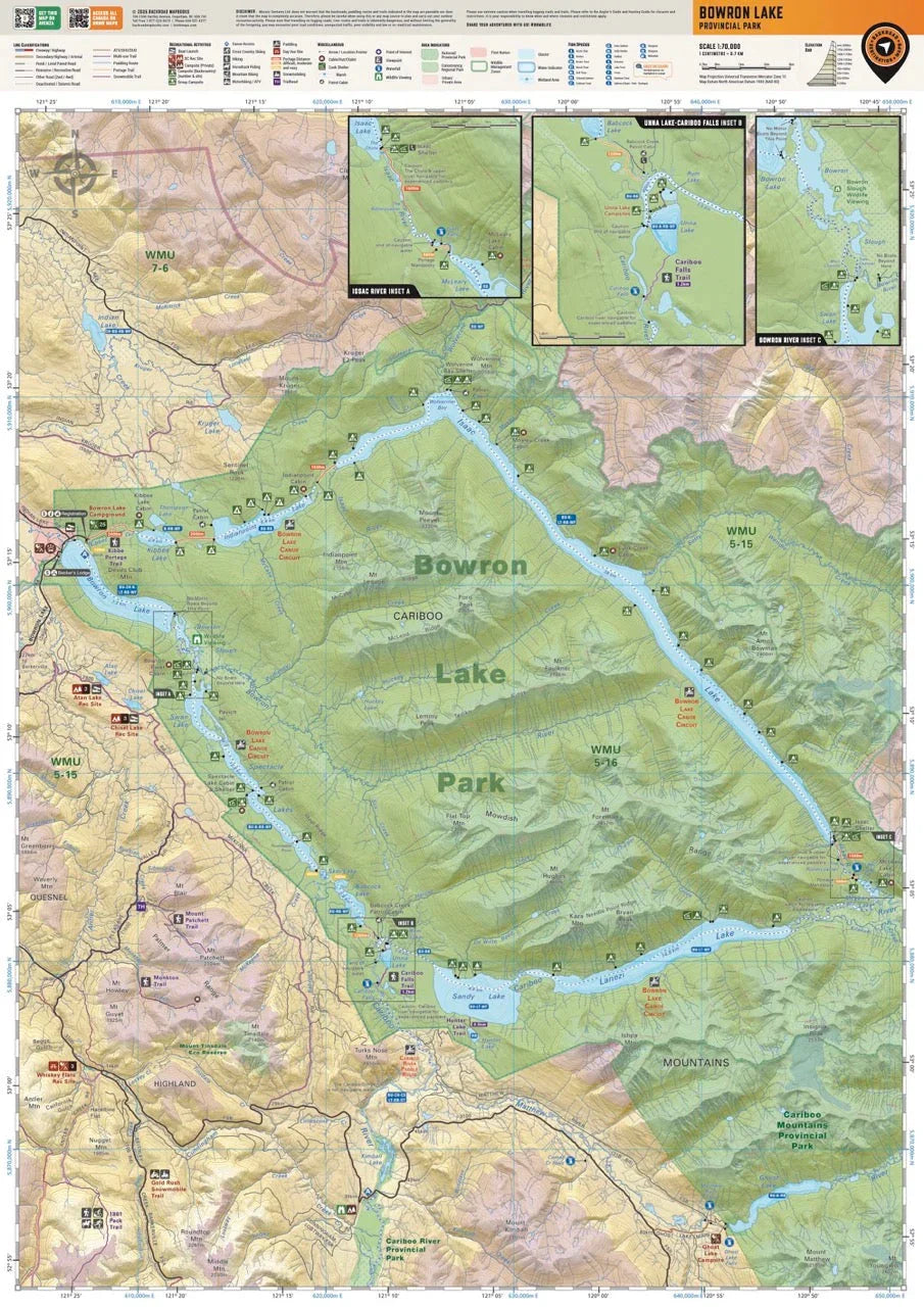 Bowron Lake Provincial Park map showing lakes, canoe circuit, campsites, and hiking trails.