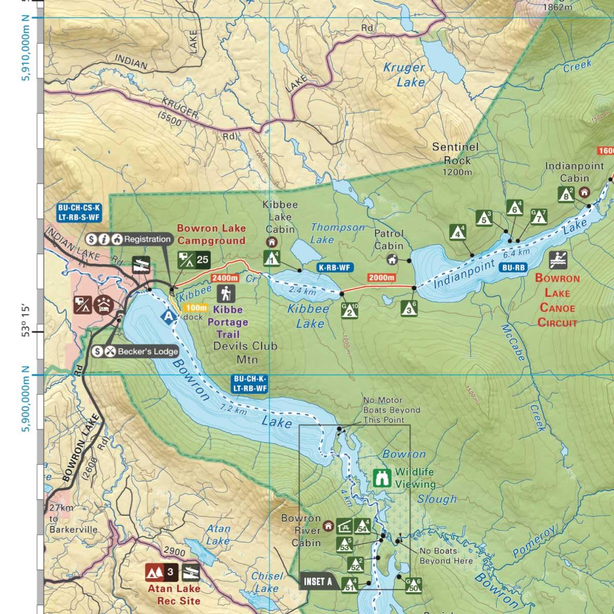 Detailed Bowron Lake Canoe Circuit map with campsites, cabins, and hiking trails marked.