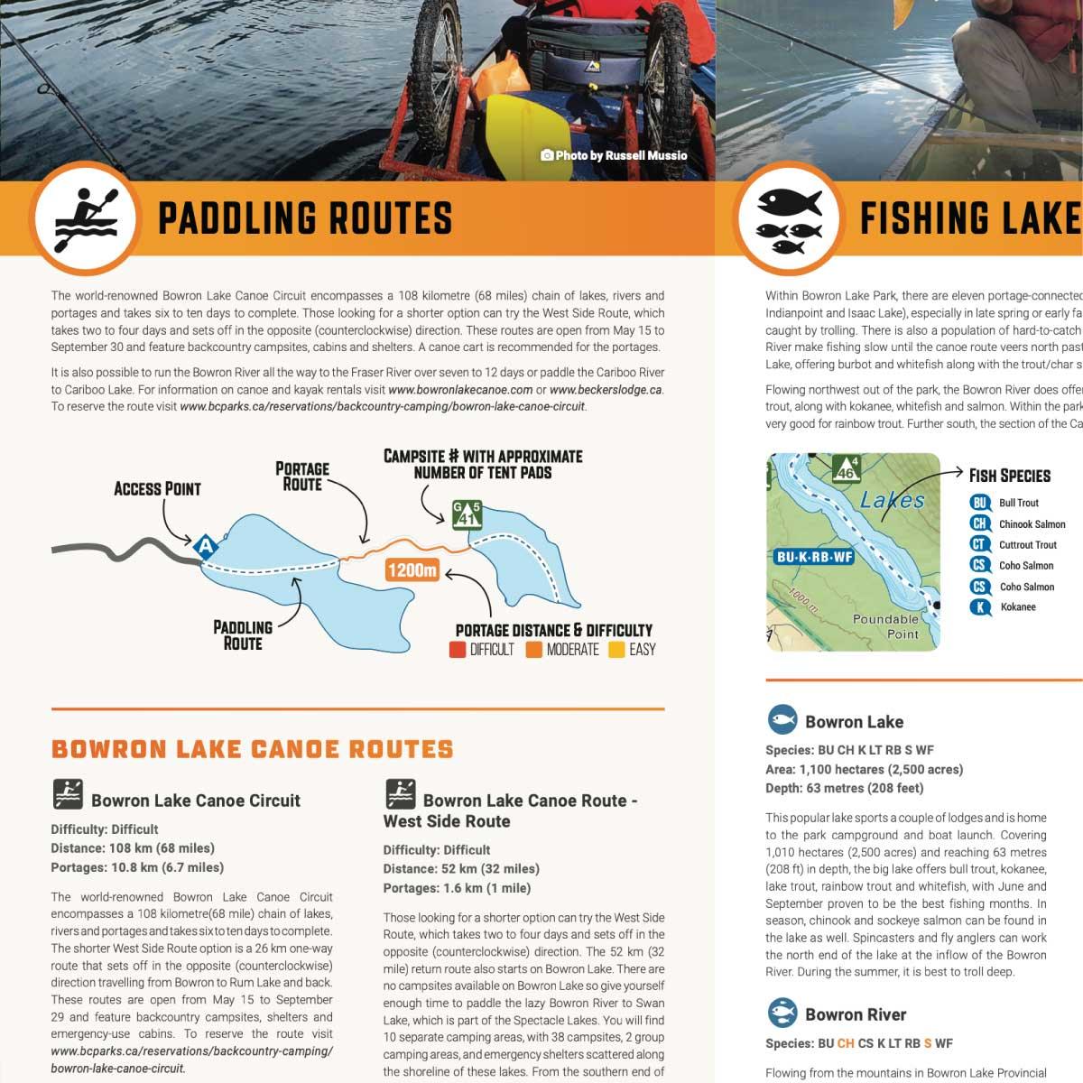 Bowron Lake canoe route guide with paddling routes, portage map, and fishing information.